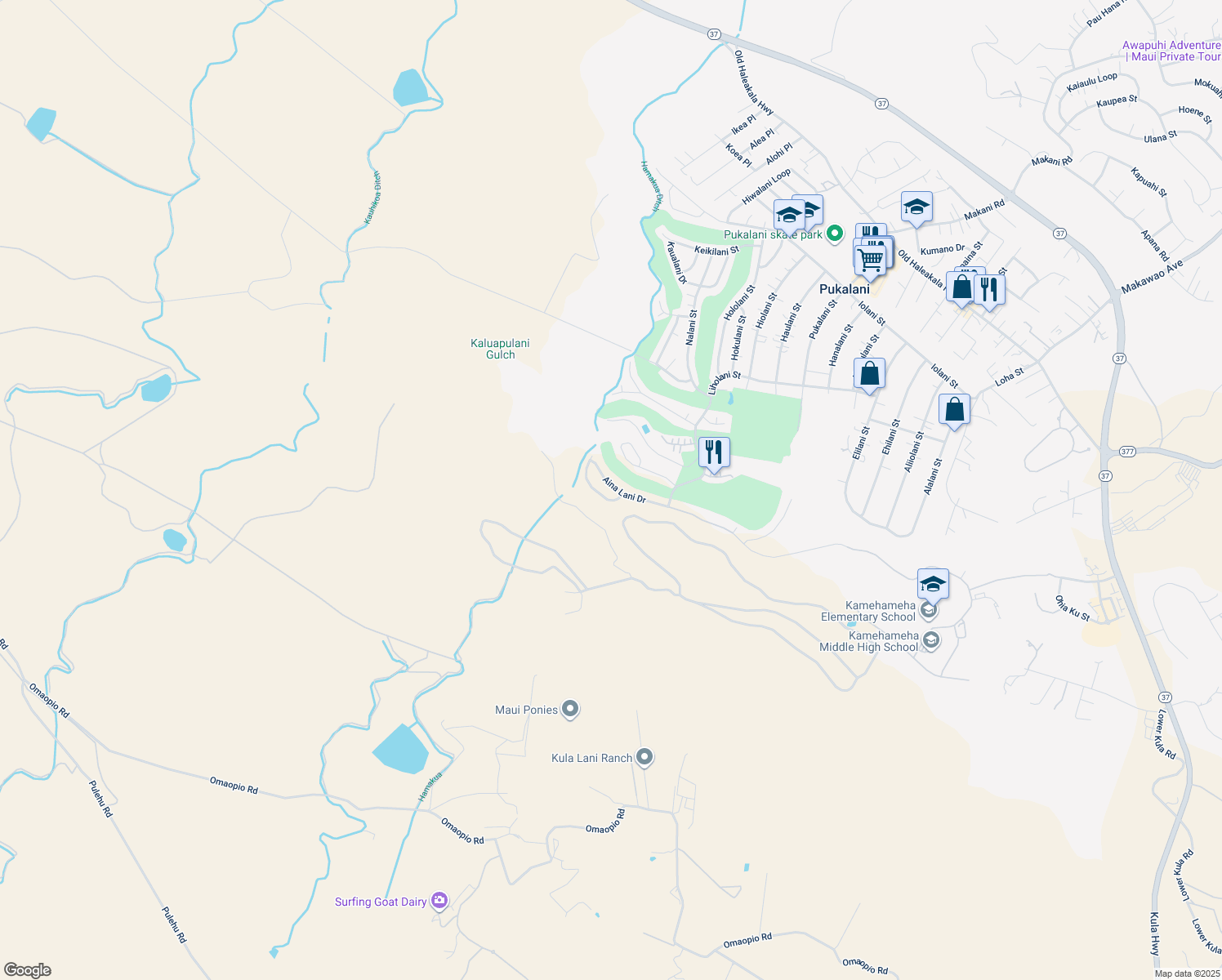 map of restaurants, bars, coffee shops, grocery stores, and more near 2732 Aina Lani Drive in Makawao