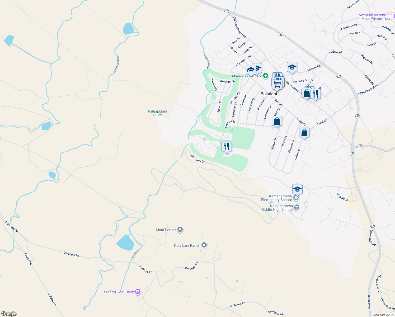 map of restaurants, bars, coffee shops, grocery stores, and more near 2751 Aina Lani Drive in Makawao