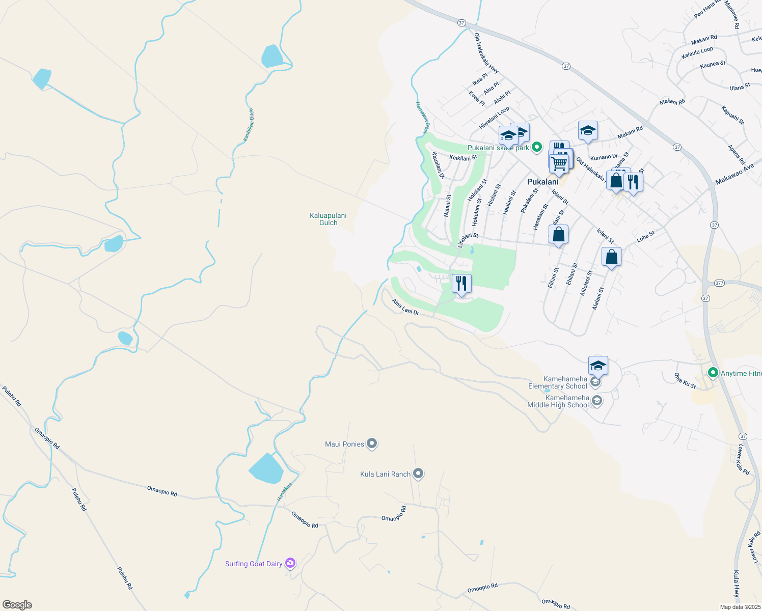 map of restaurants, bars, coffee shops, grocery stores, and more near 2700 Akalani Loop in Makawao