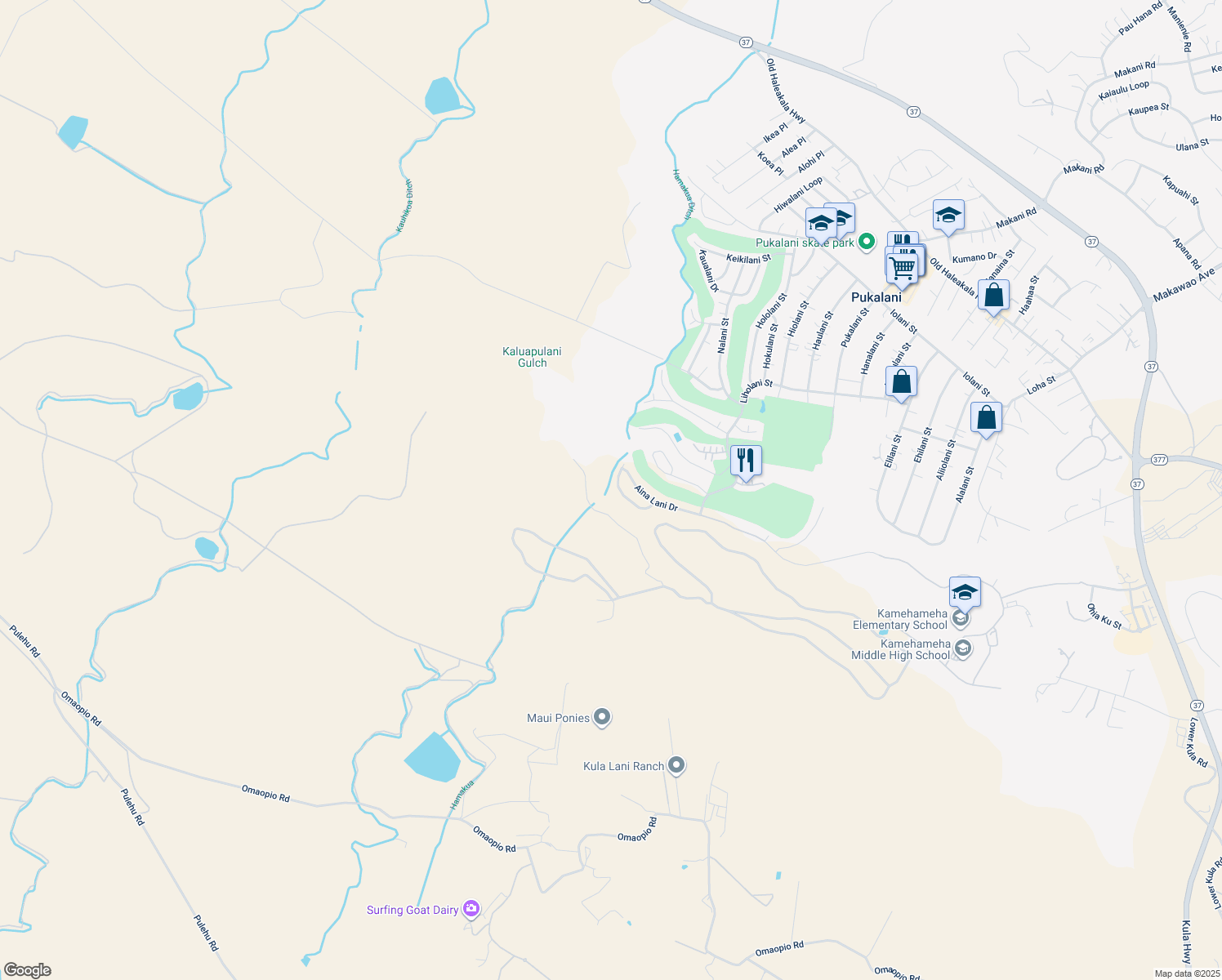 map of restaurants, bars, coffee shops, grocery stores, and more near 2692 Akalani Loop in Makawao