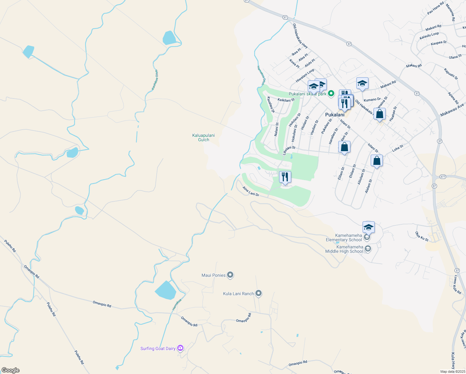 map of restaurants, bars, coffee shops, grocery stores, and more near 2692 Akalani Loop in Makawao