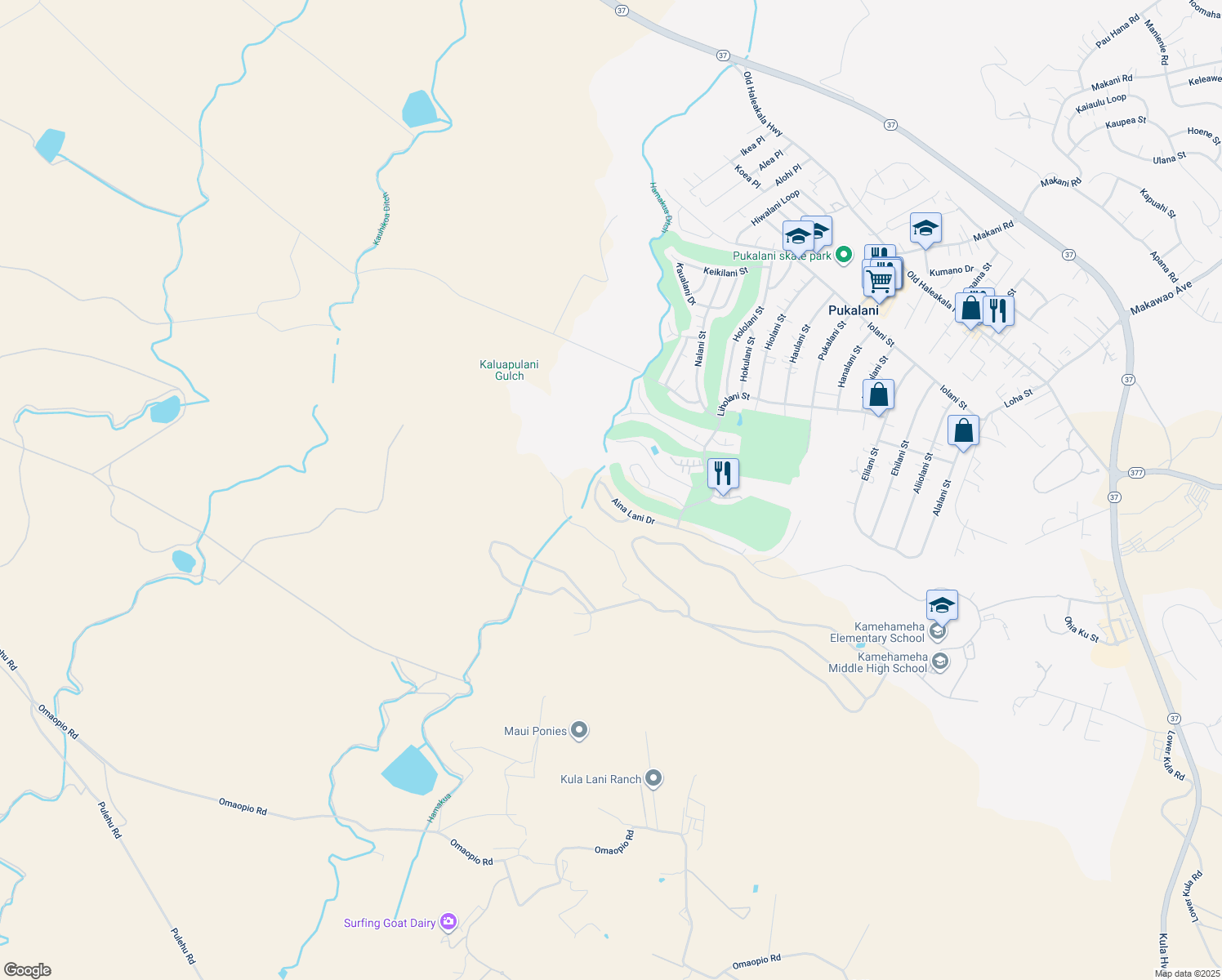 map of restaurants, bars, coffee shops, grocery stores, and more near 2695 Aina Lani Drive in Makawao