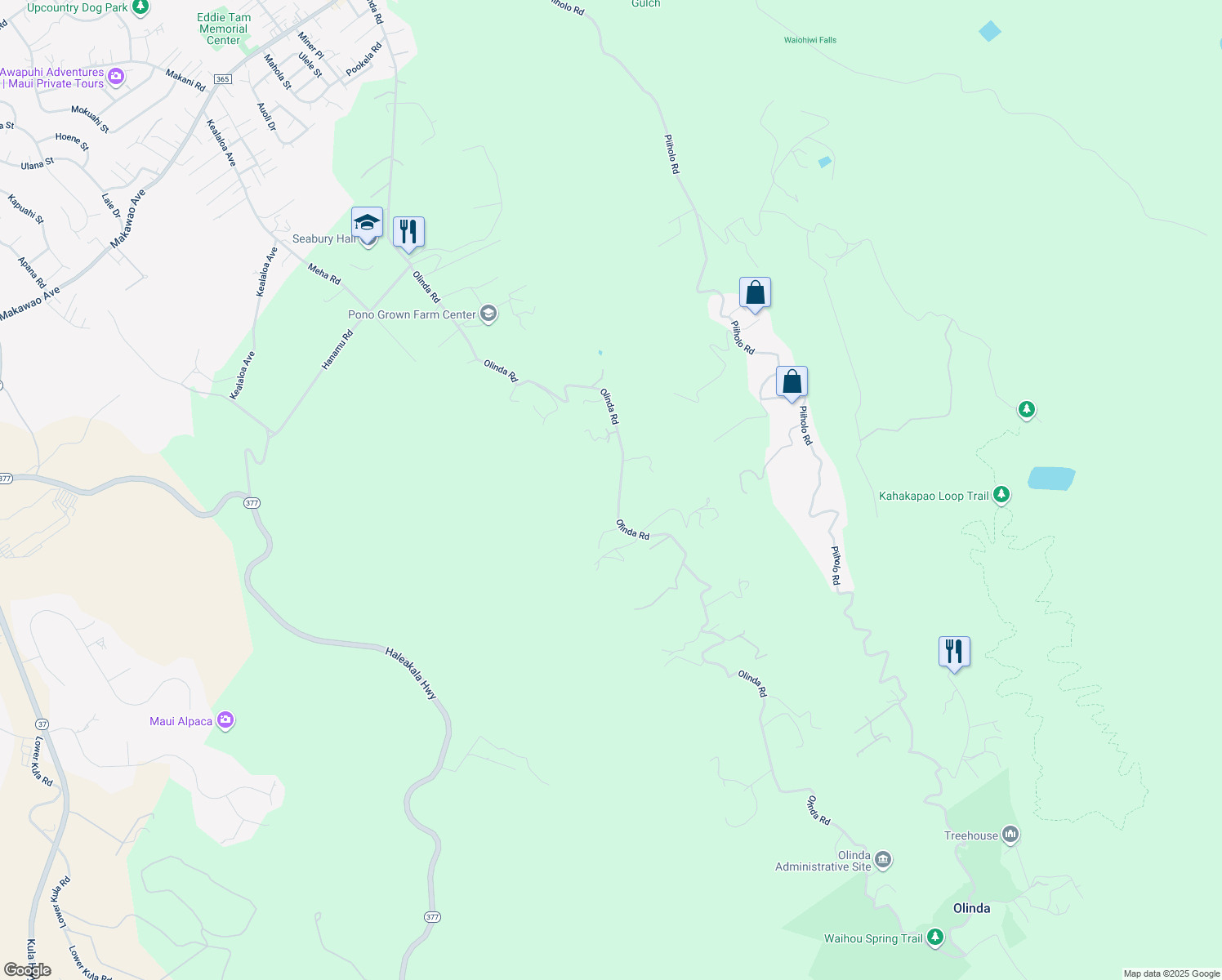 map of restaurants, bars, coffee shops, grocery stores, and more near 1180 Olinda Road in Makawao