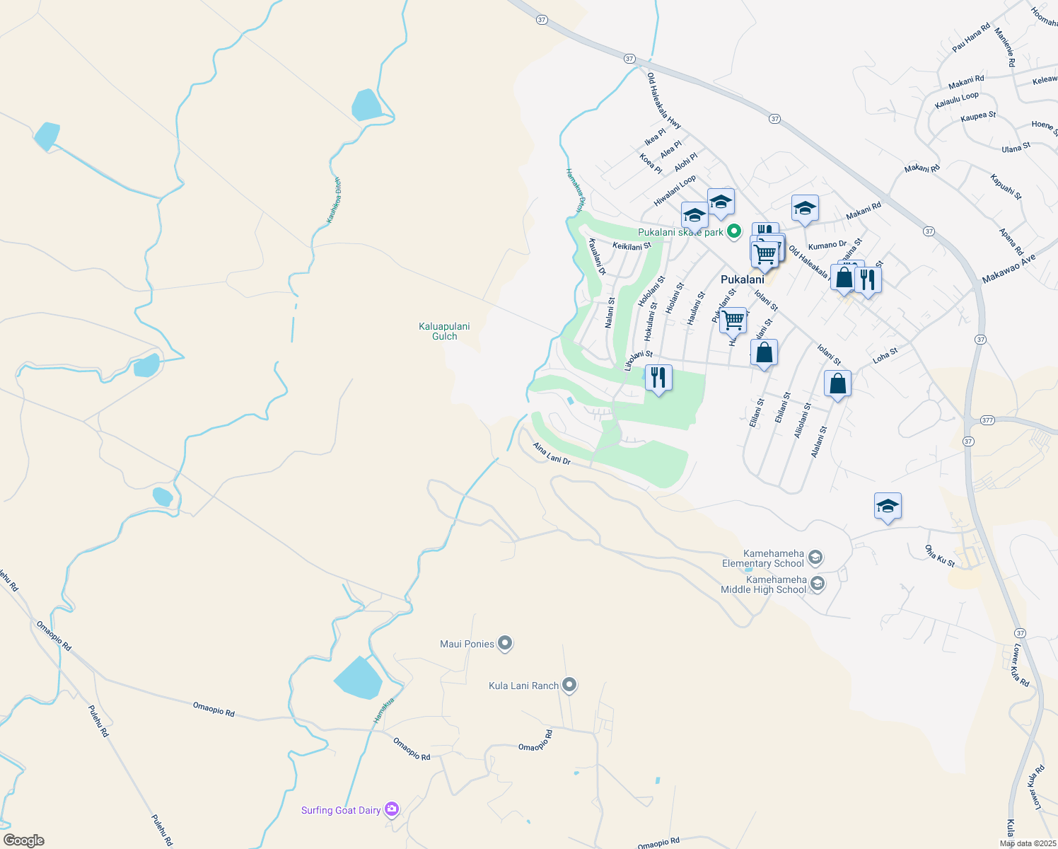map of restaurants, bars, coffee shops, grocery stores, and more near 2667 Akalani Loop in Makawao
