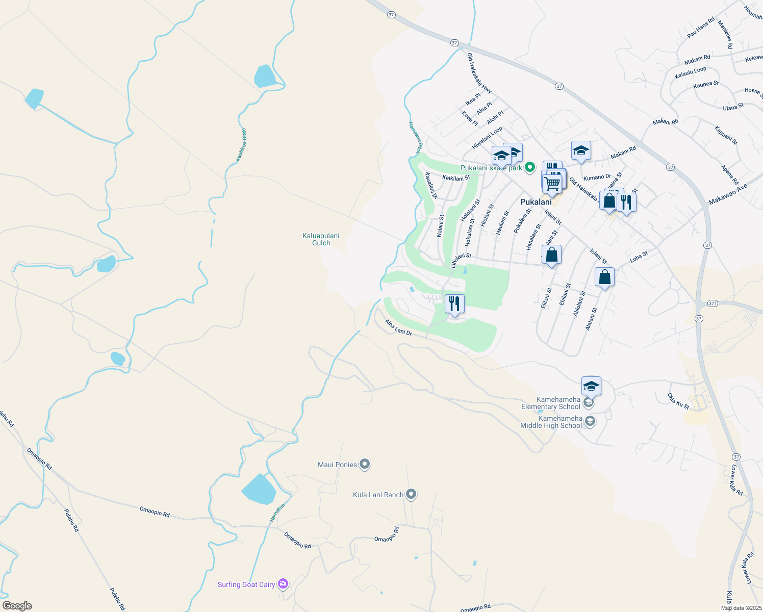 map of restaurants, bars, coffee shops, grocery stores, and more near 2667 Akalani Loop in Makawao