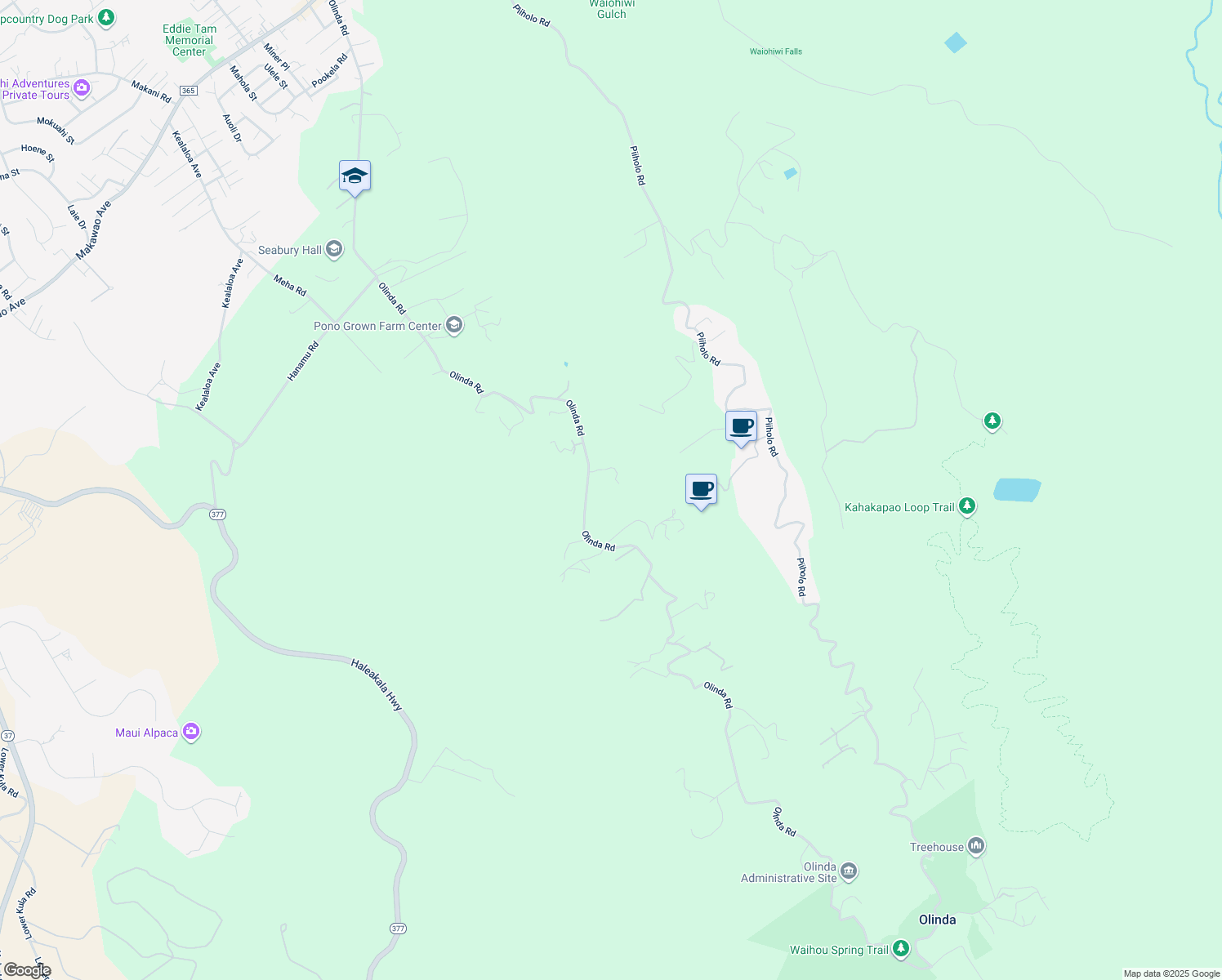 map of restaurants, bars, coffee shops, grocery stores, and more near 1165 Olinda Road in Makawao
