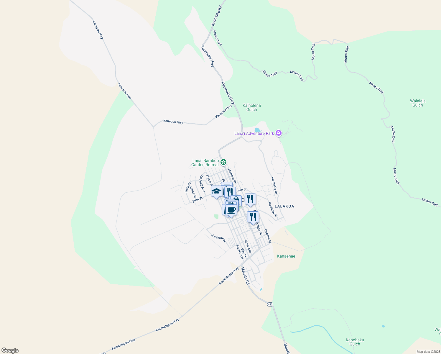 map of restaurants, bars, coffee shops, grocery stores, and more near 336 Ilima Avenue in Lanai City