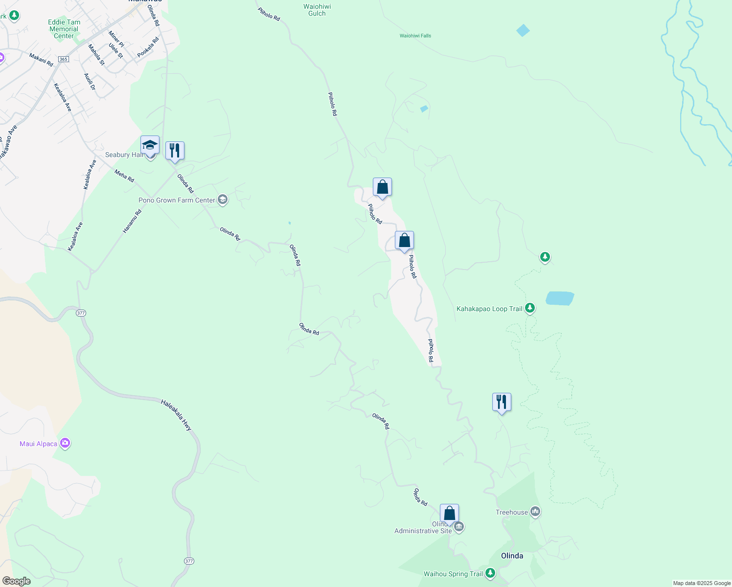 map of restaurants, bars, coffee shops, grocery stores, and more near 180 Mahiai Place in Makawao