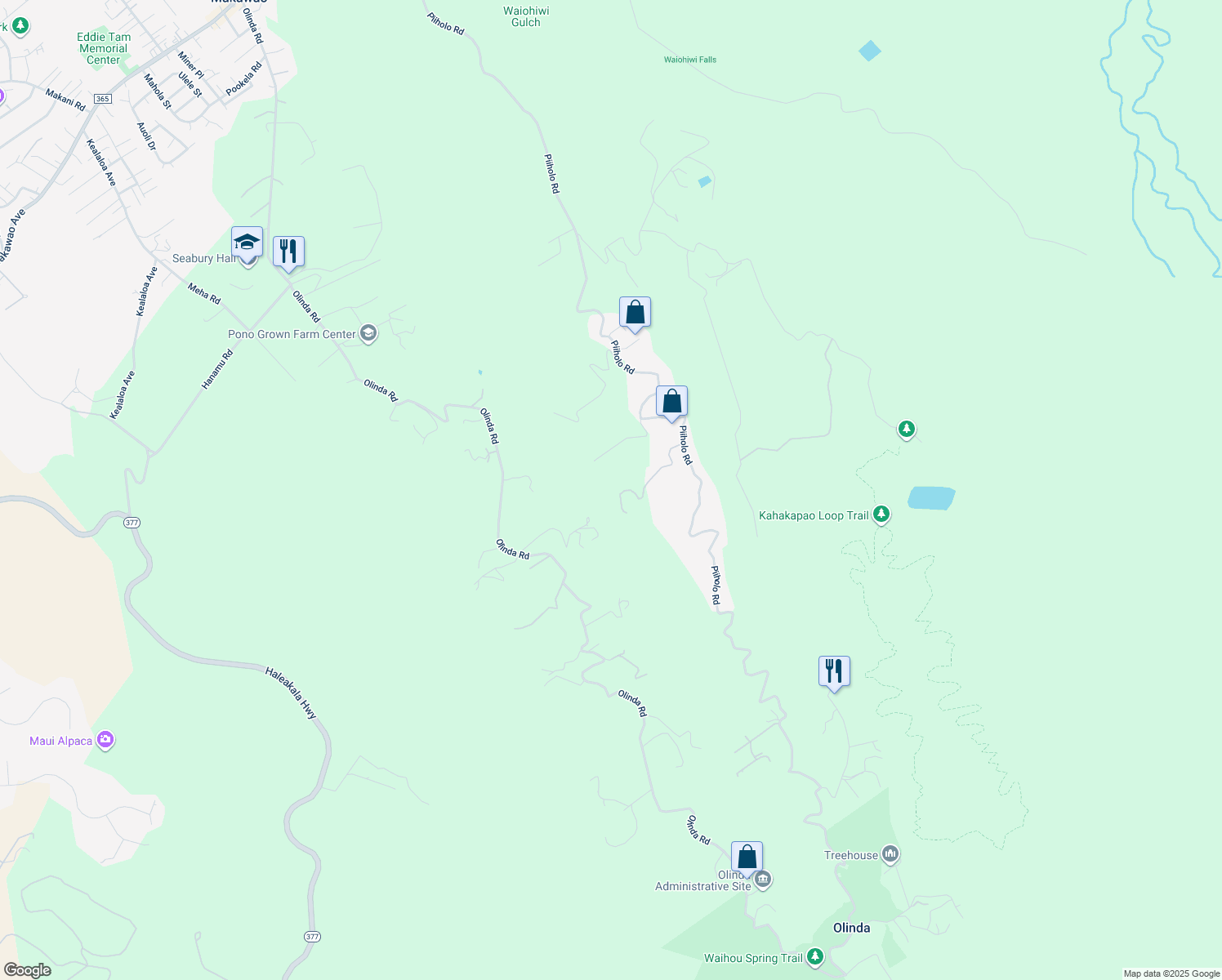 map of restaurants, bars, coffee shops, grocery stores, and more near 180 Mahiai Place in Makawao