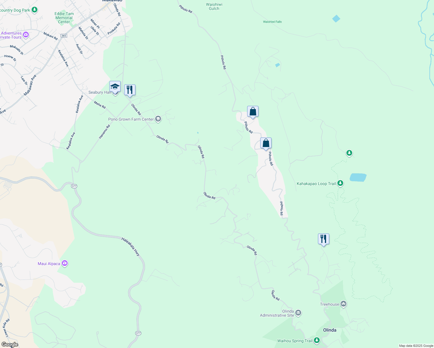 map of restaurants, bars, coffee shops, grocery stores, and more near 1165 Olinda Road in Makawao