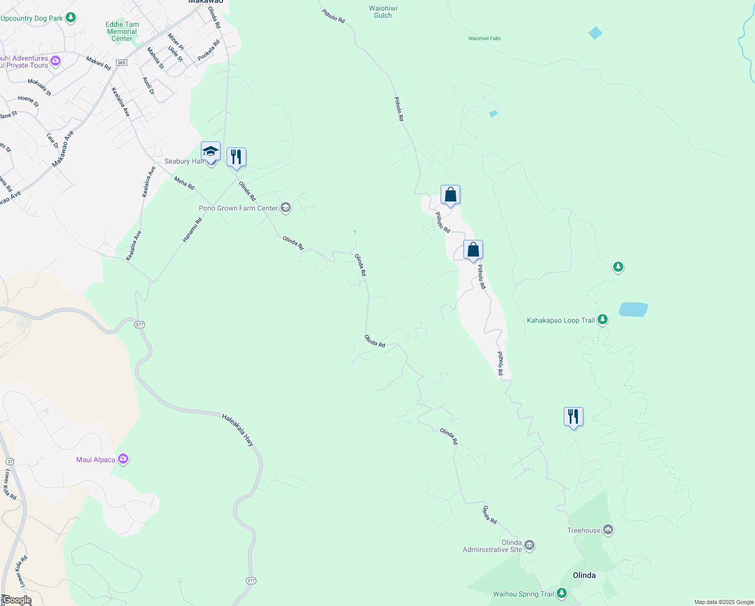 map of restaurants, bars, coffee shops, grocery stores, and more near 1145 Olinda Road in Makawao