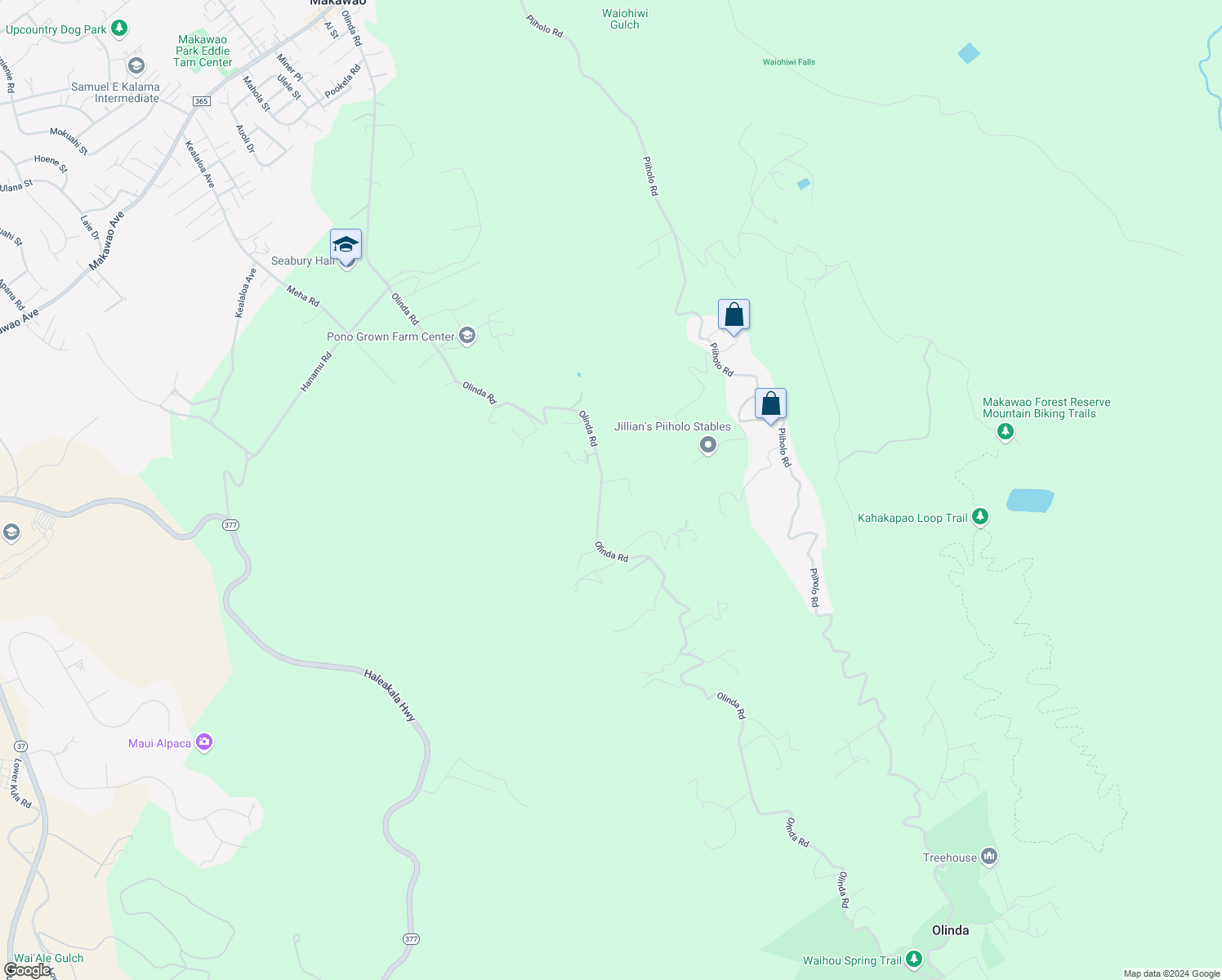 map of restaurants, bars, coffee shops, grocery stores, and more near 1145 Olinda Road in Makawao