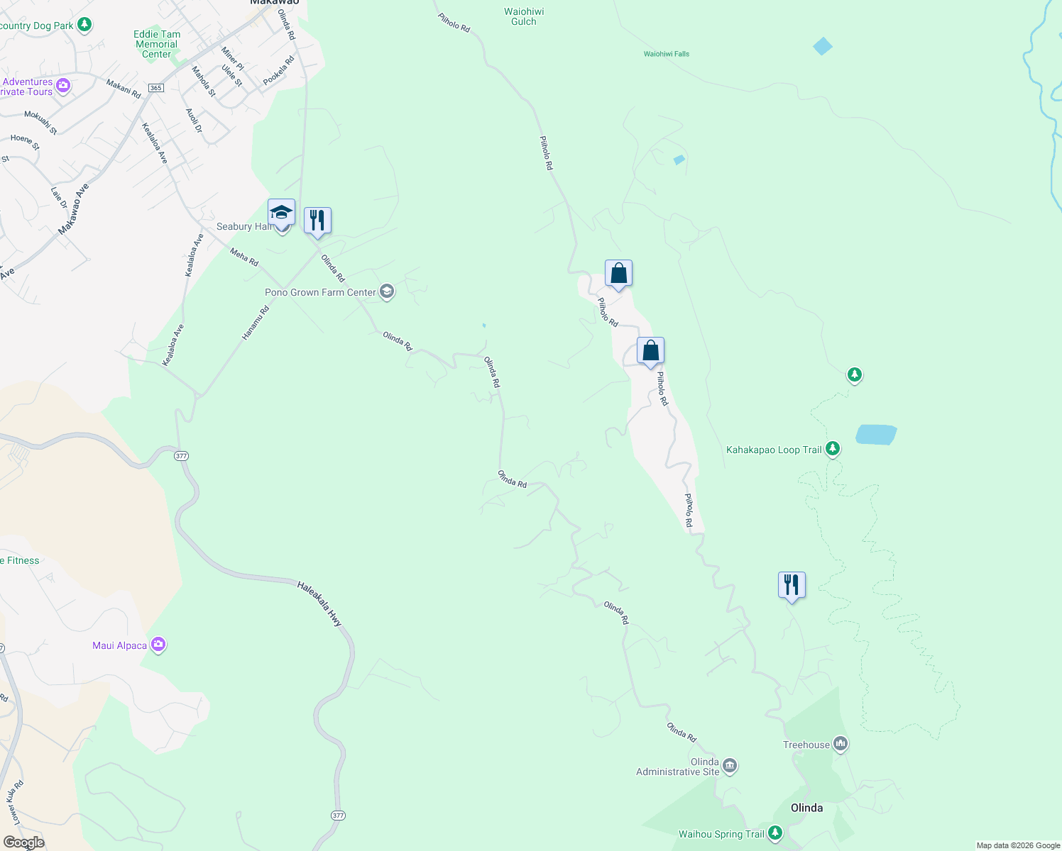 map of restaurants, bars, coffee shops, grocery stores, and more near 1165 Olinda Road in Makawao