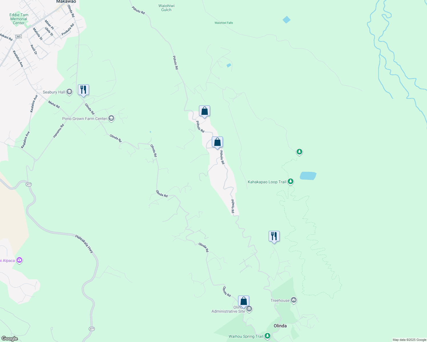 map of restaurants, bars, coffee shops, grocery stores, and more near 87 Mahiai Place in Makawao