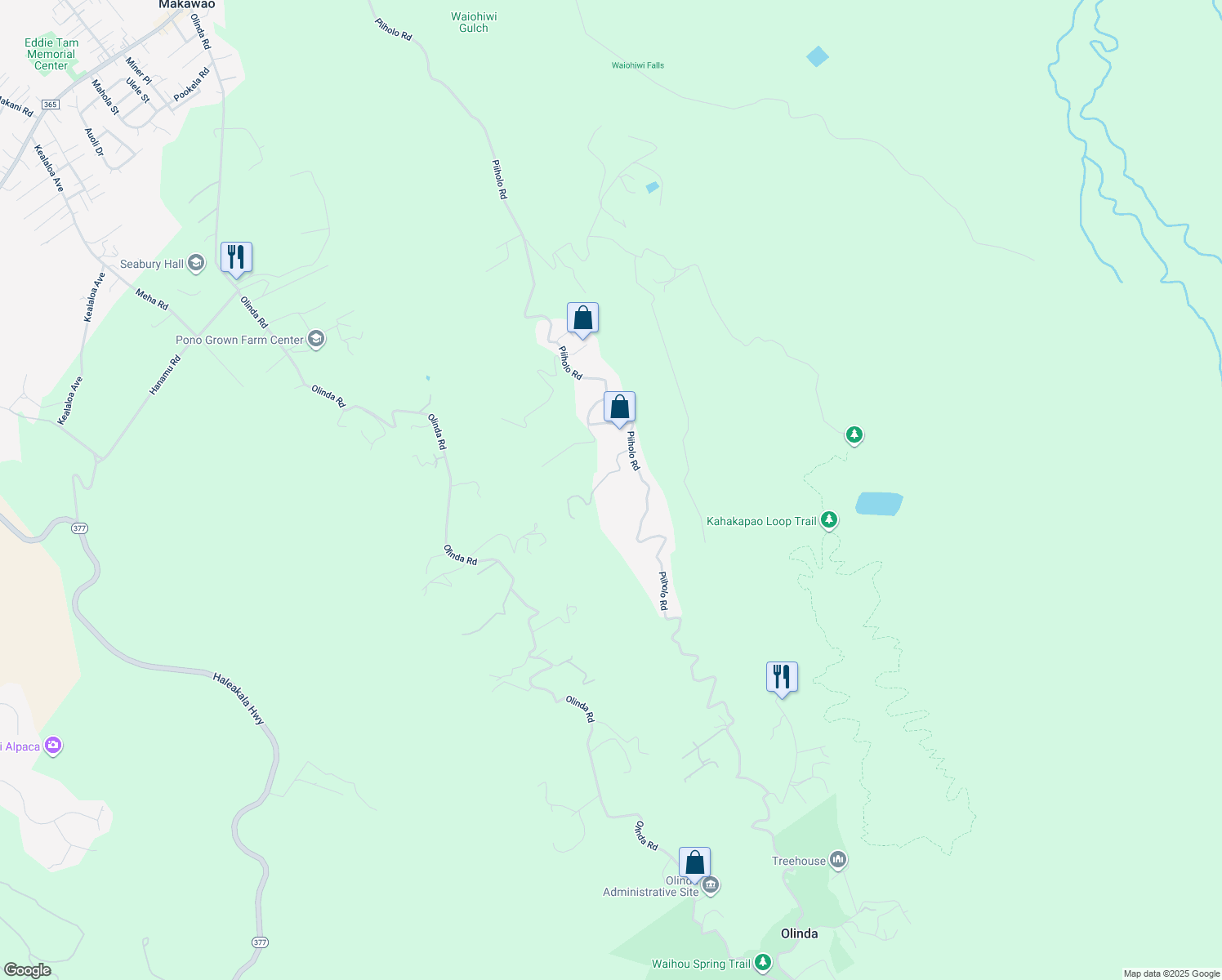 map of restaurants, bars, coffee shops, grocery stores, and more near 87 Mahiai Place in Makawao