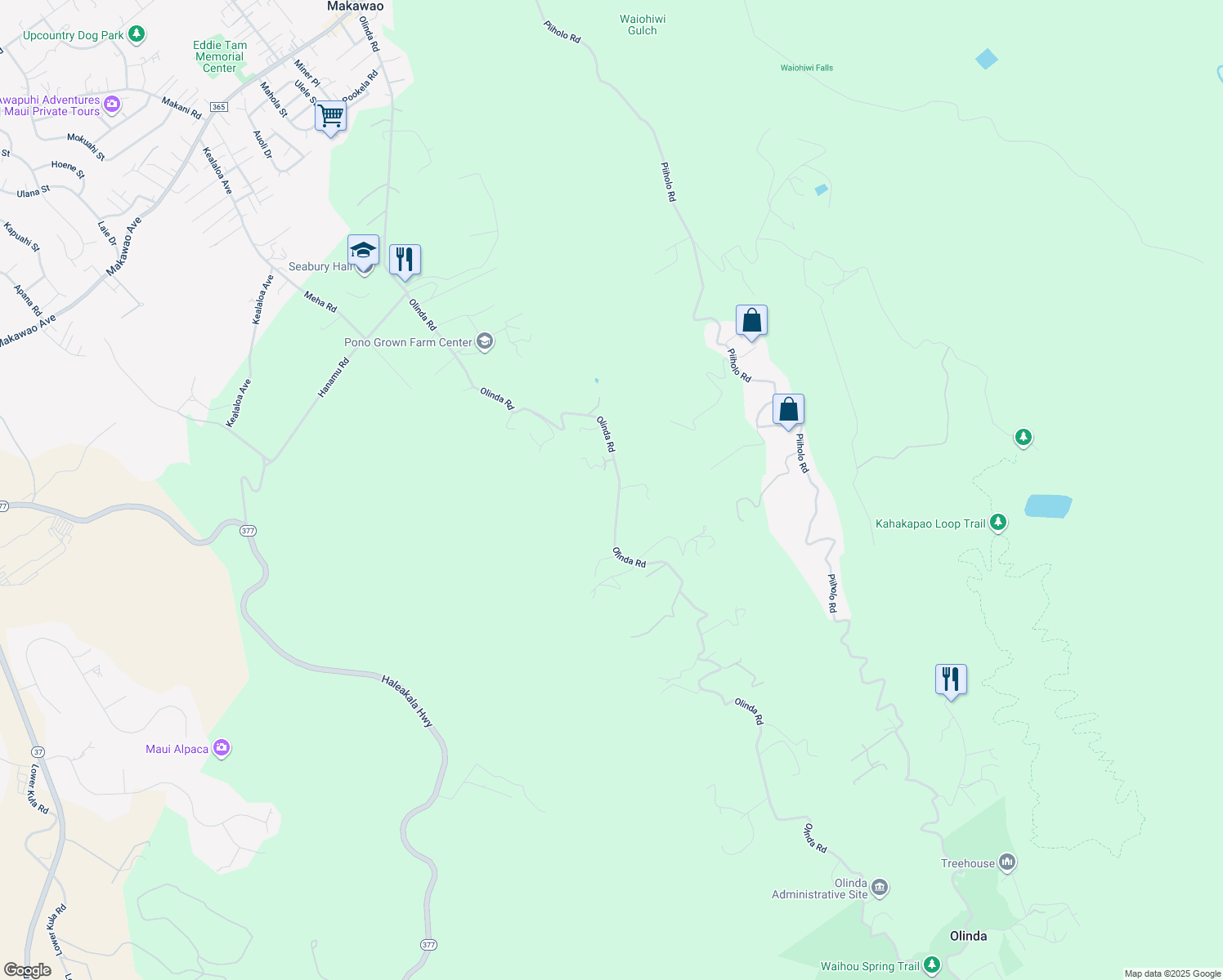 map of restaurants, bars, coffee shops, grocery stores, and more near 1130 Olinda Road in Makawao