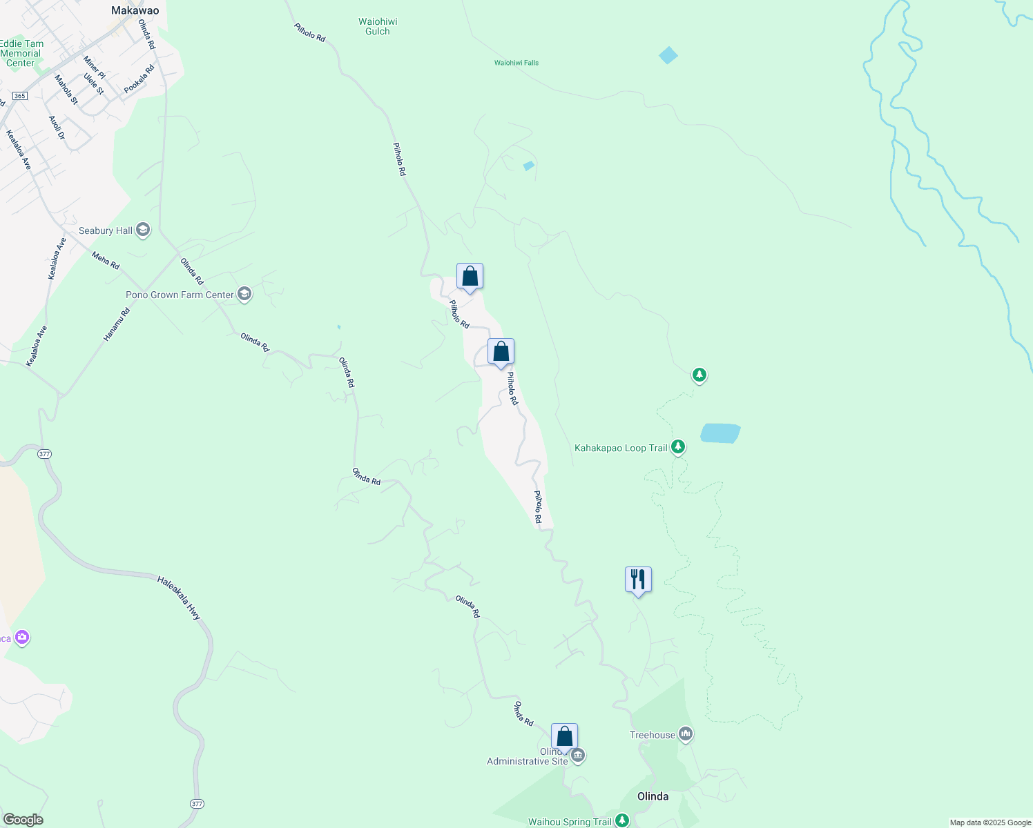 map of restaurants, bars, coffee shops, grocery stores, and more near 1486 Piiholo Road in Makawao