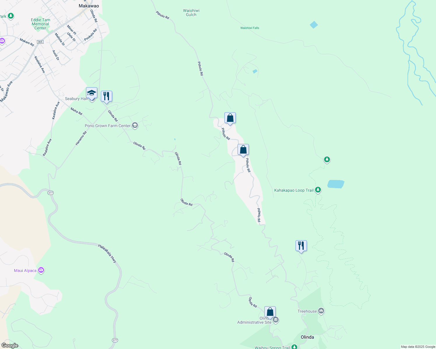 map of restaurants, bars, coffee shops, grocery stores, and more near 135 Makana Road in Makawao