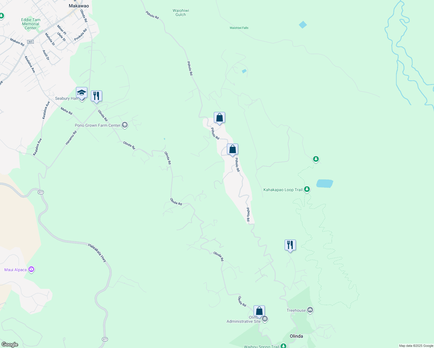 map of restaurants, bars, coffee shops, grocery stores, and more near 150 Mahiai Place in Makawao