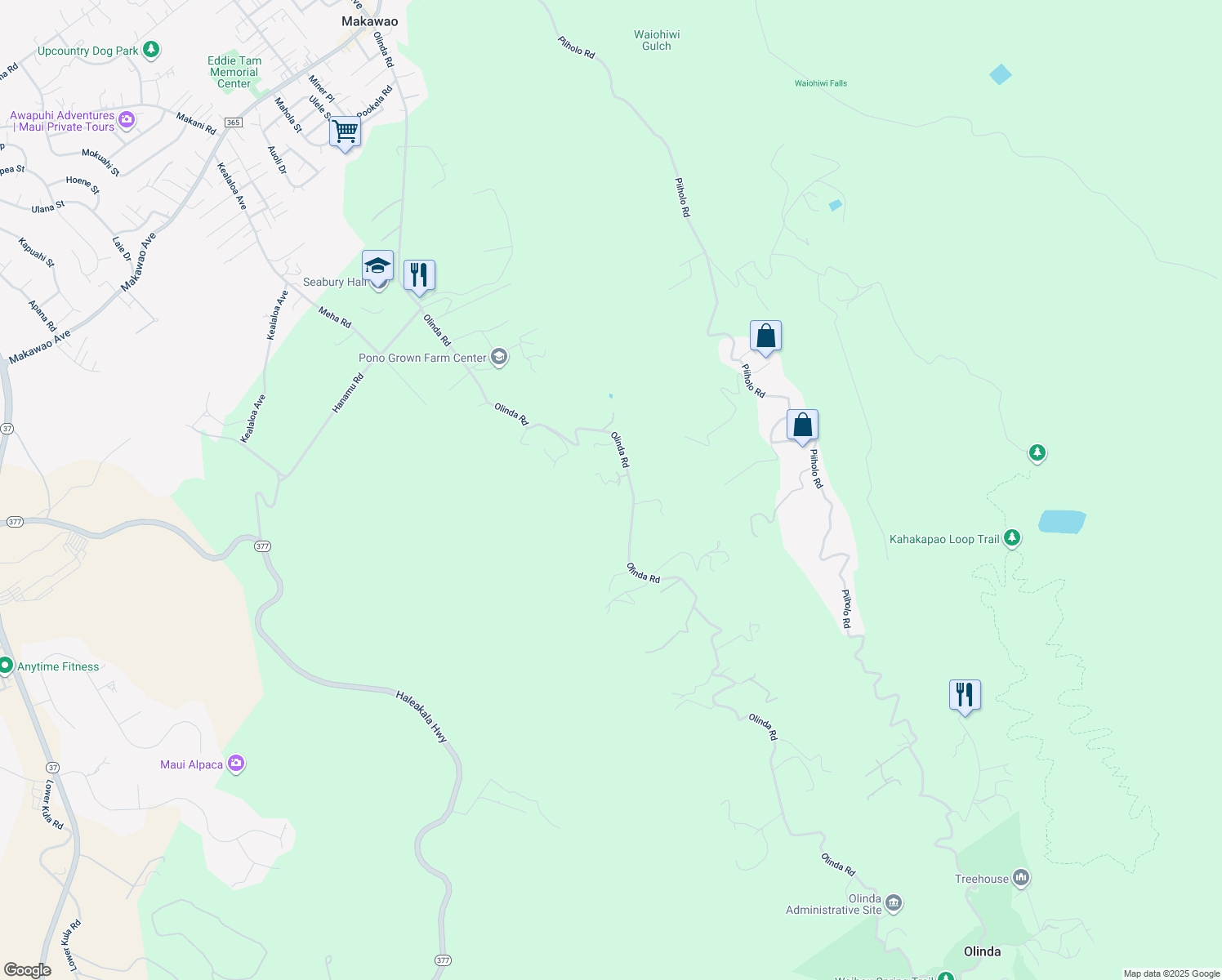 map of restaurants, bars, coffee shops, grocery stores, and more near 1074 Olinda Road in Makawao