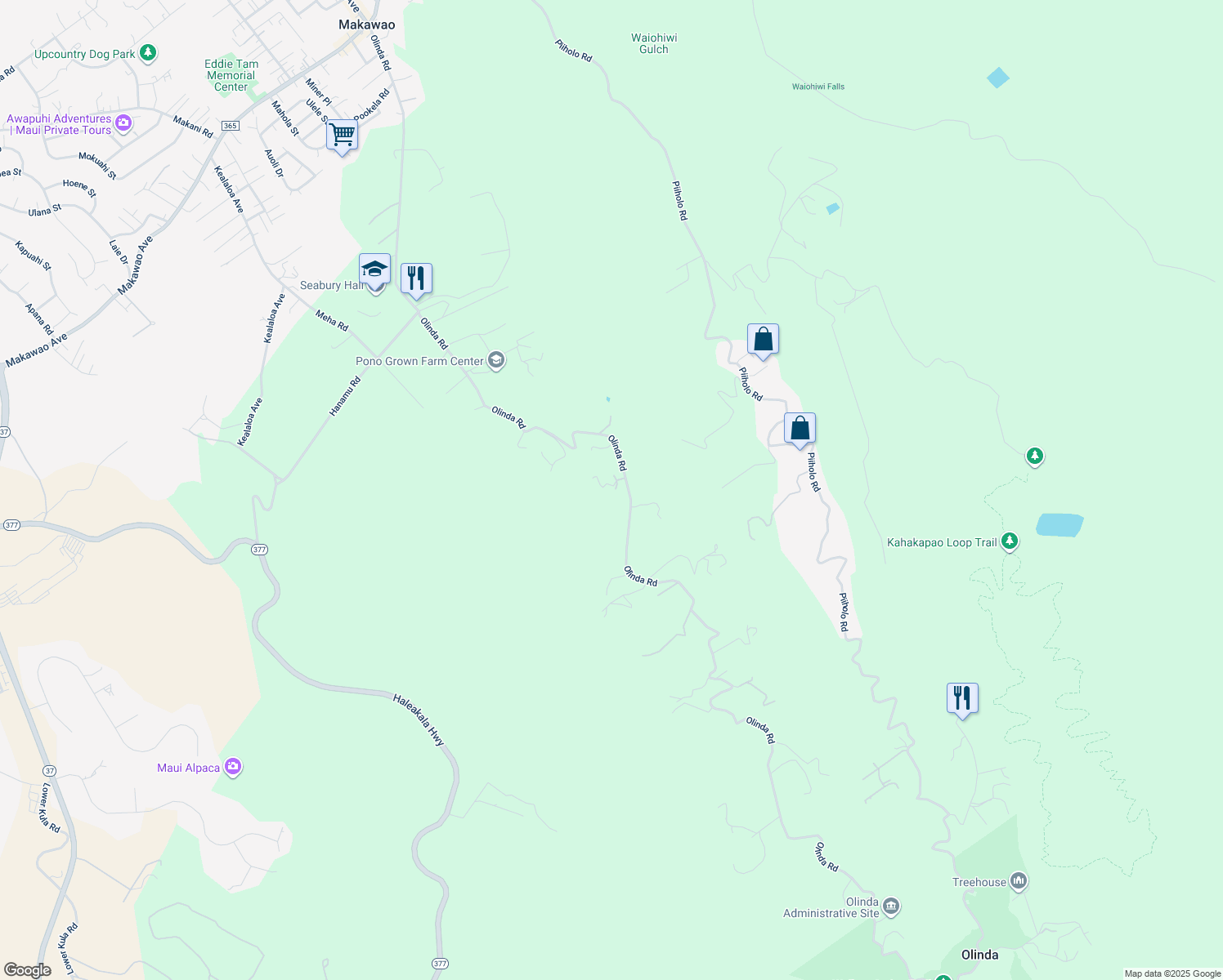 map of restaurants, bars, coffee shops, grocery stores, and more near 1074 Olinda Road in Makawao