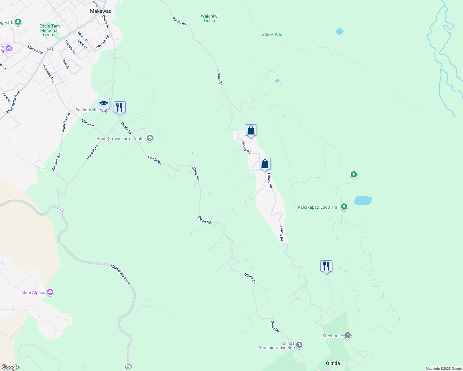 map of restaurants, bars, coffee shops, grocery stores, and more near 180 Makana Road in Makawao
