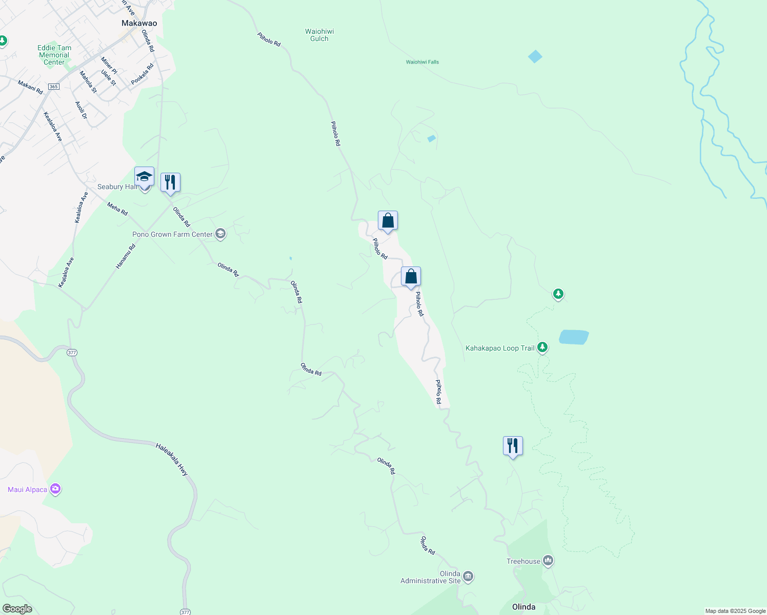 map of restaurants, bars, coffee shops, grocery stores, and more near 0 Makana Road in Makawao