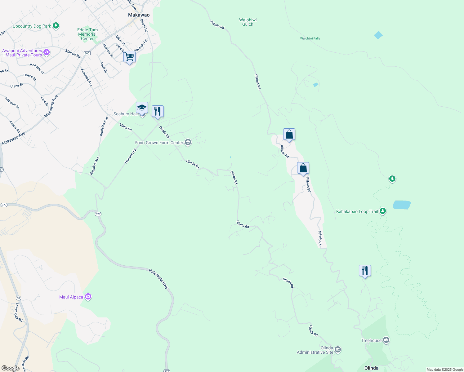 map of restaurants, bars, coffee shops, grocery stores, and more near 1002 Olinda Road in Makawao