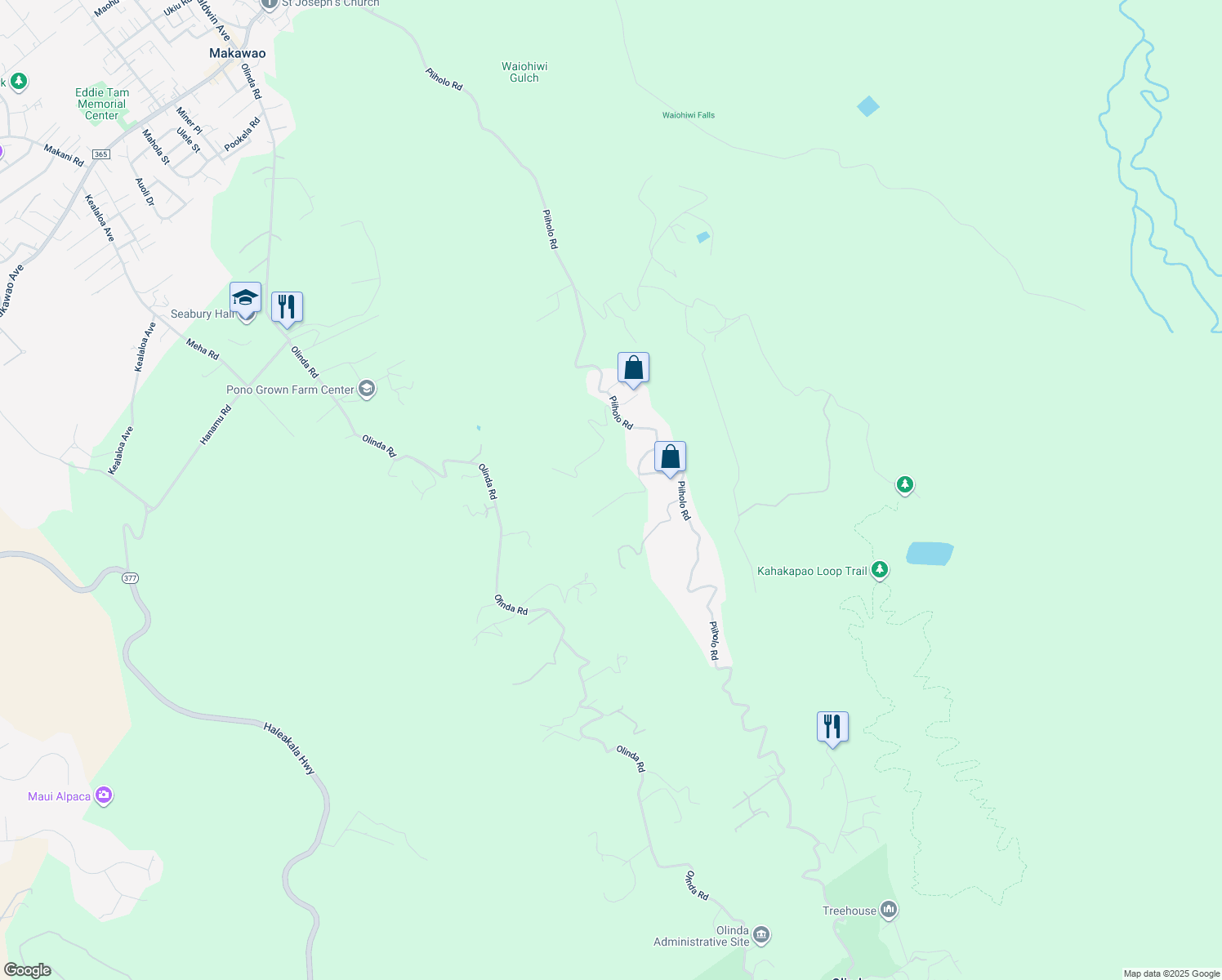 map of restaurants, bars, coffee shops, grocery stores, and more near 0 Makana Road in Makawao