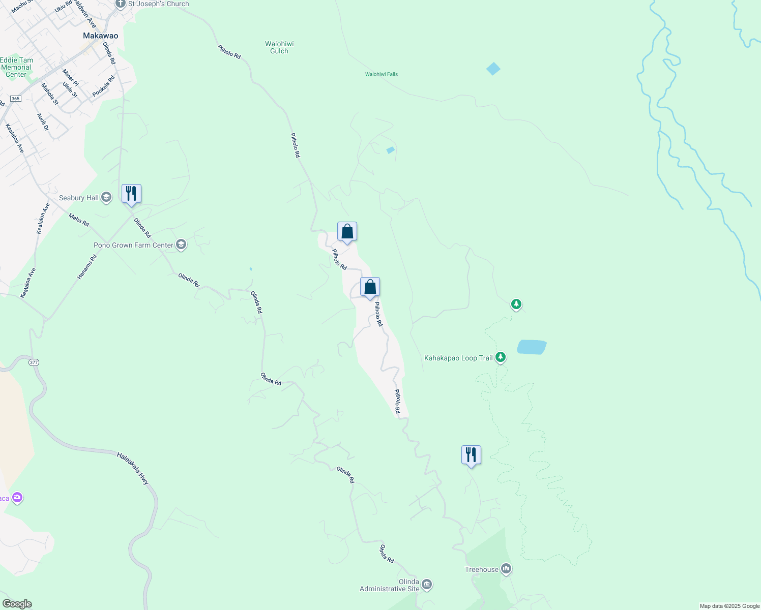 map of restaurants, bars, coffee shops, grocery stores, and more near 1395 Piiholo Road in Makawao
