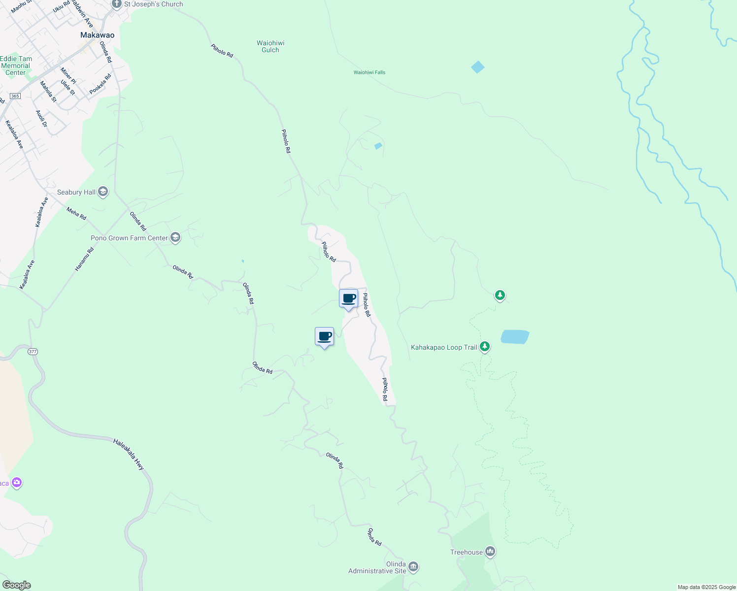 map of restaurants, bars, coffee shops, grocery stores, and more near 1395 Piiholo Road in Makawao
