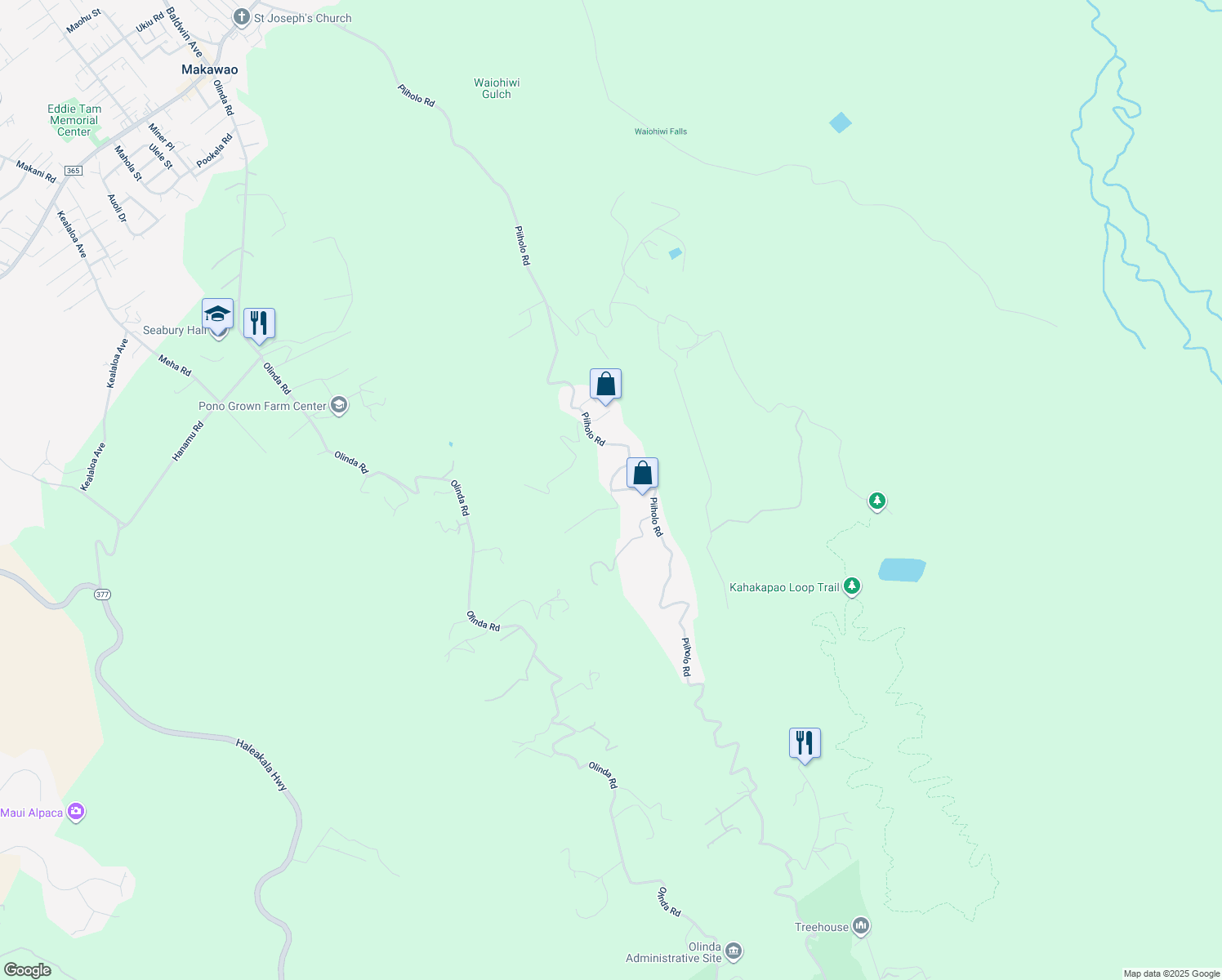map of restaurants, bars, coffee shops, grocery stores, and more near Piiholo Road in Makawao
