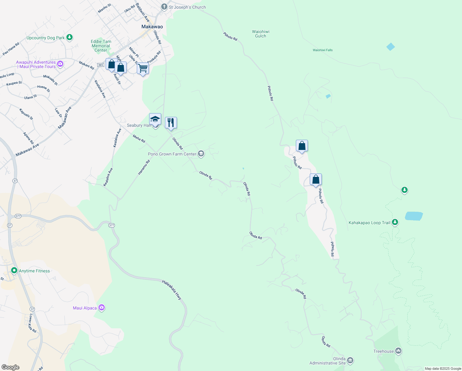 map of restaurants, bars, coffee shops, grocery stores, and more near 1002 Olinda Road in Makawao
