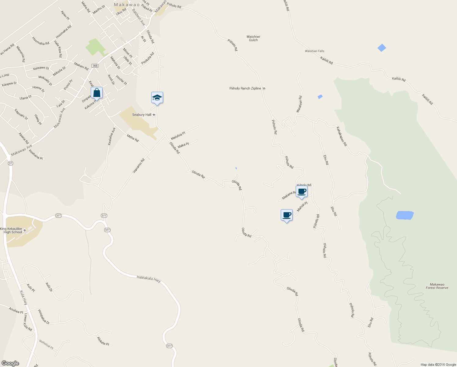 map of restaurants, bars, coffee shops, grocery stores, and more near 960 Olinda Road in Makawao