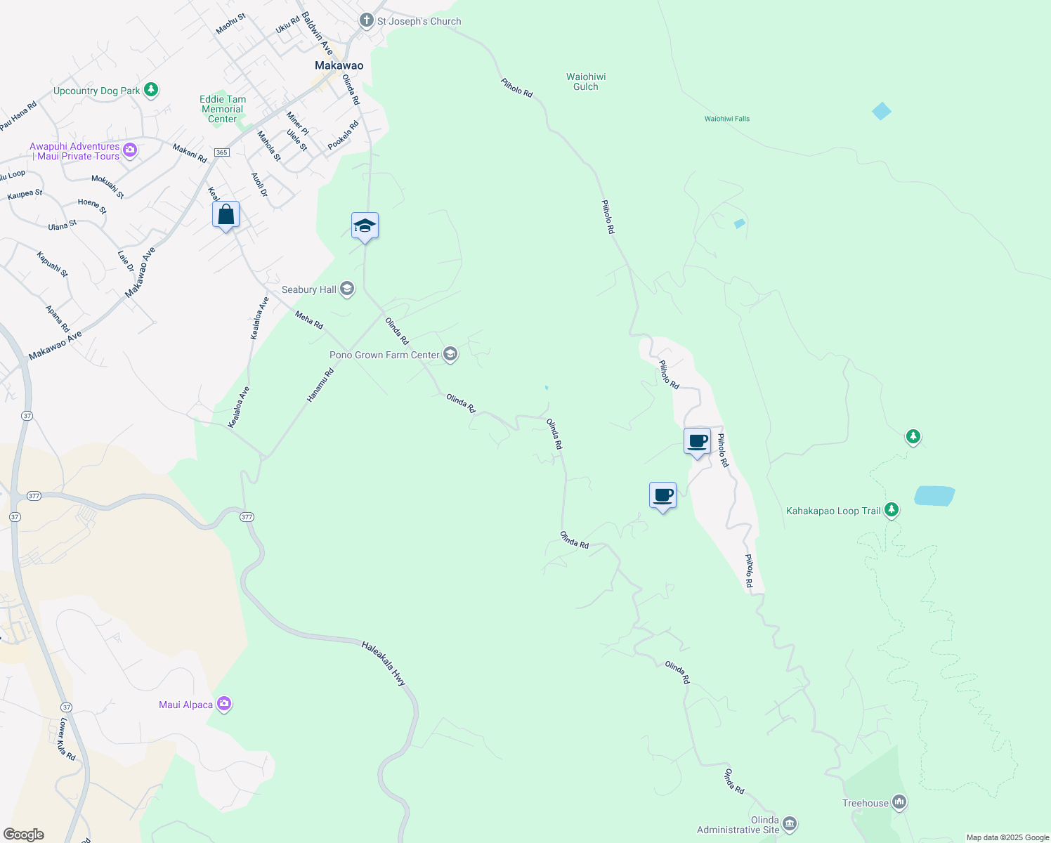 map of restaurants, bars, coffee shops, grocery stores, and more near 960 Olinda Road in Makawao