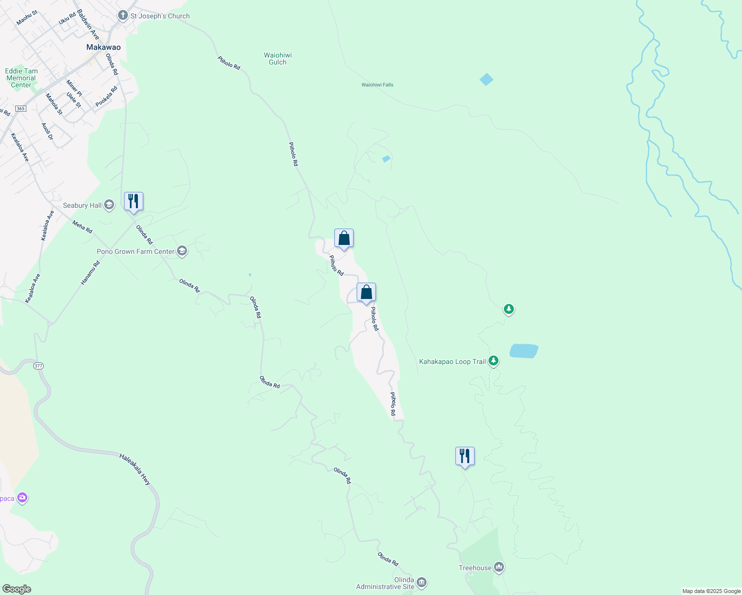 map of restaurants, bars, coffee shops, grocery stores, and more near 1365 Piiholo Road in Makawao