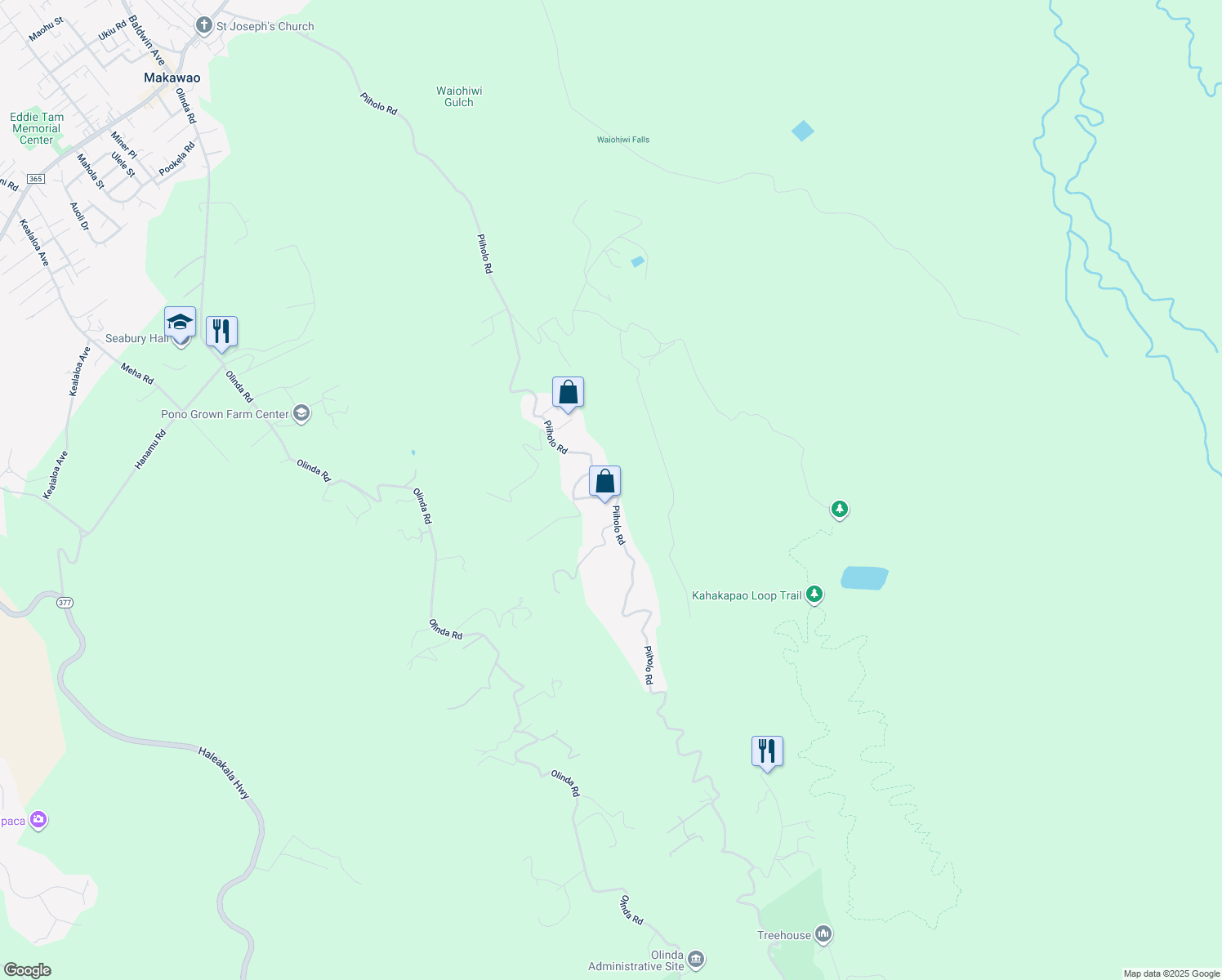 map of restaurants, bars, coffee shops, grocery stores, and more near 1365 Piiholo Road in Makawao