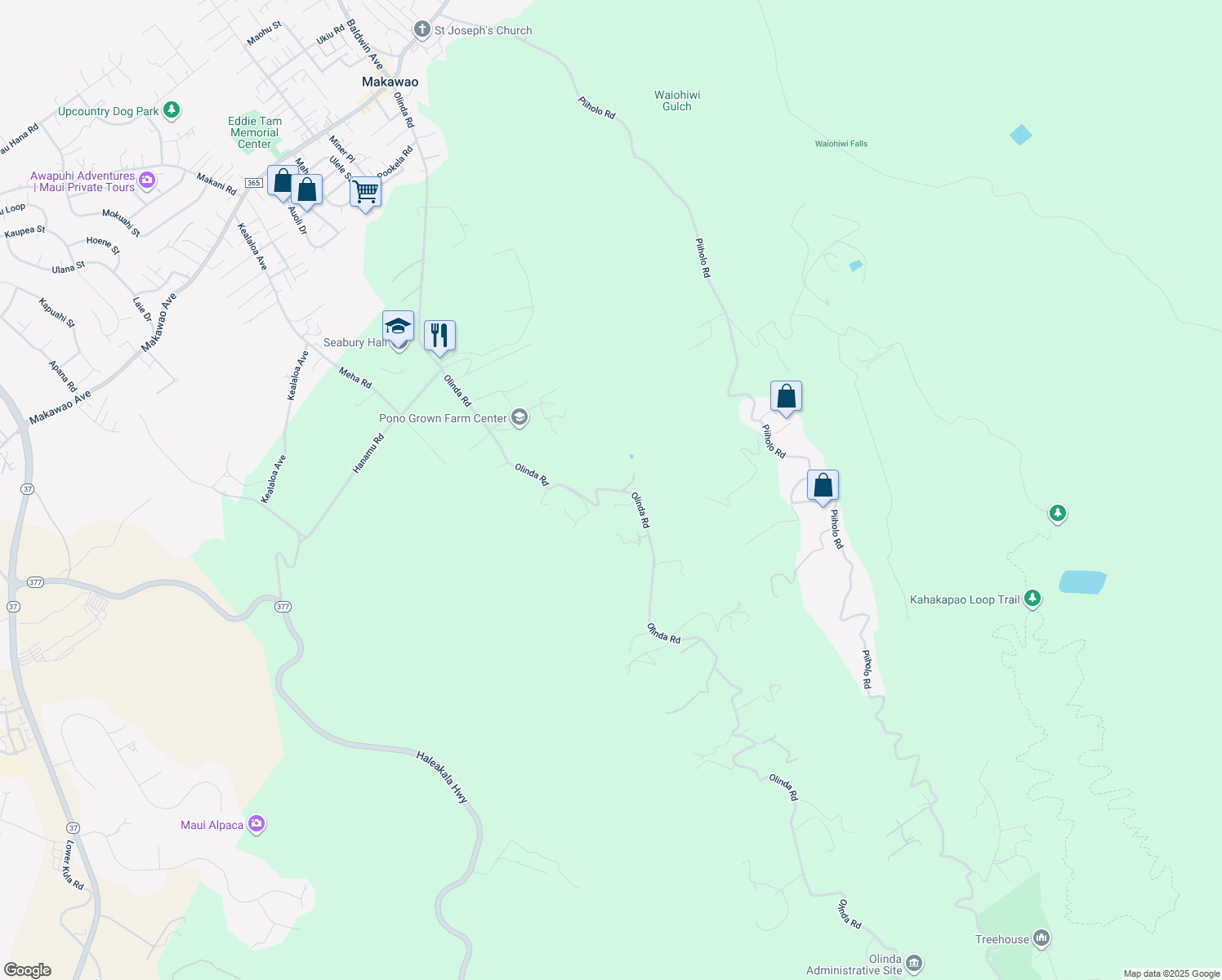 map of restaurants, bars, coffee shops, grocery stores, and more near 1002 Olinda Road in Makawao