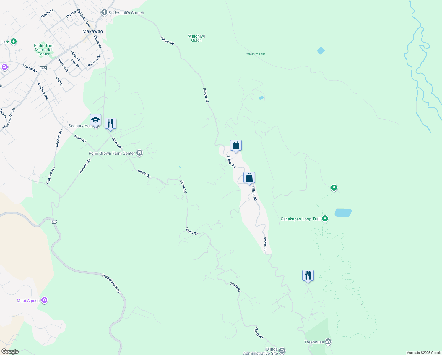 map of restaurants, bars, coffee shops, grocery stores, and more near 1050 Piiholo Road in Makawao