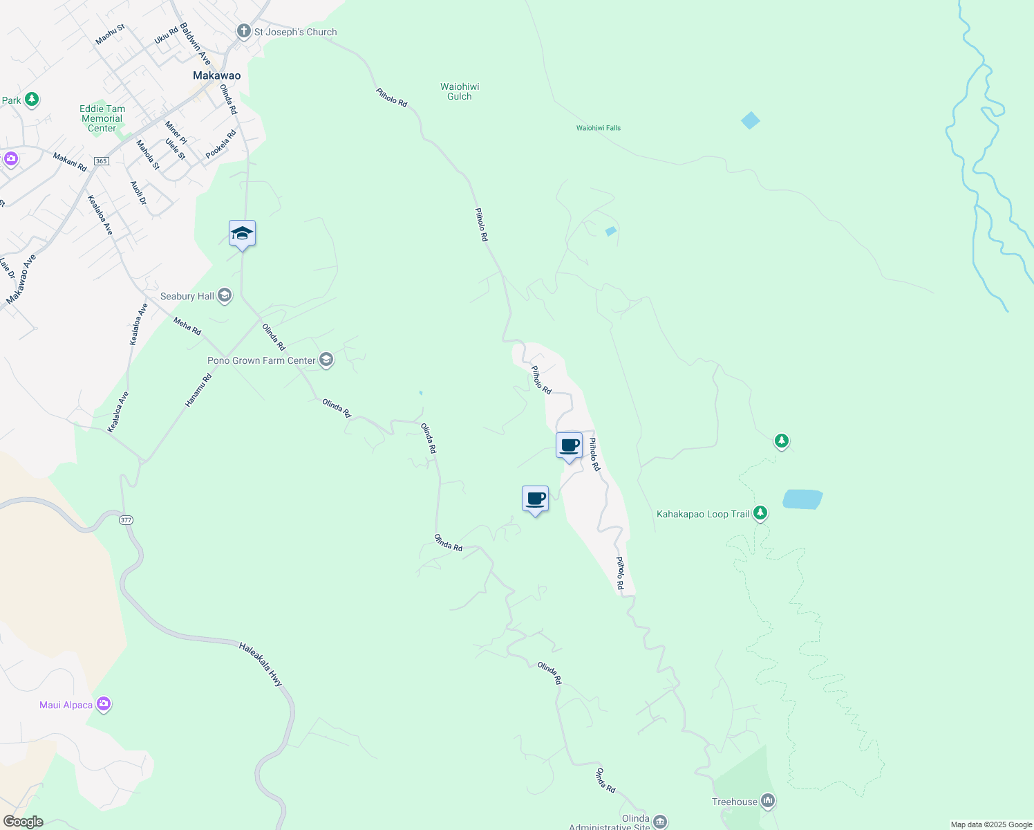 map of restaurants, bars, coffee shops, grocery stores, and more near 1050 Piiholo Road in Makawao