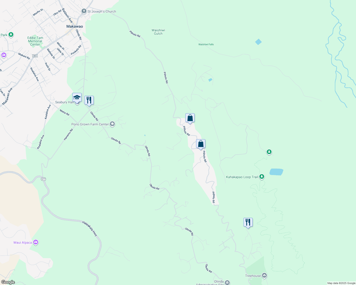 map of restaurants, bars, coffee shops, grocery stores, and more near 1050 Piiholo Road in Makawao