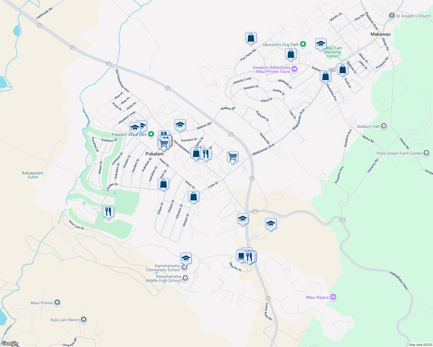 map of restaurants, bars, coffee shops, grocery stores, and more near 3407 Old Haleakala Highway in Makawao