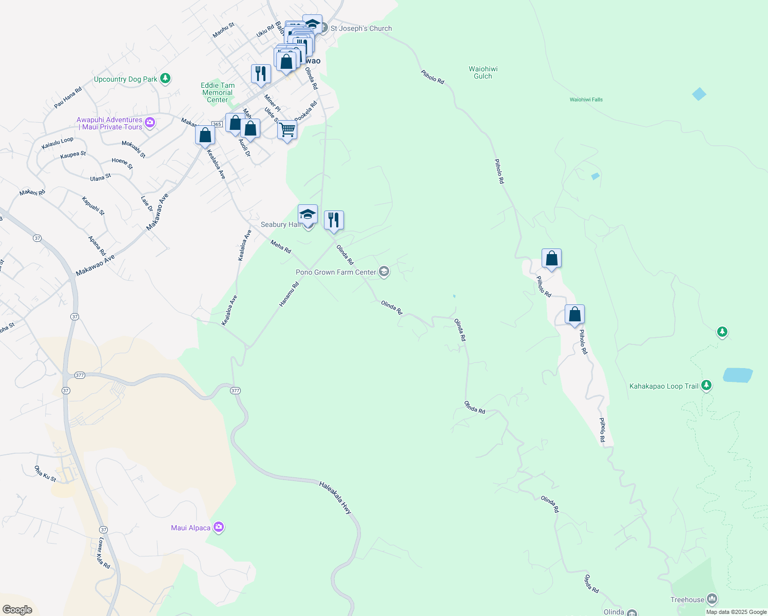 map of restaurants, bars, coffee shops, grocery stores, and more near 728 Olinda Road in Makawao