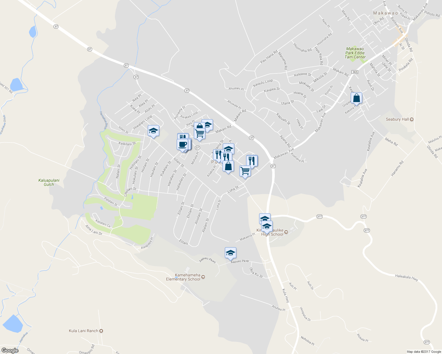 map of restaurants, bars, coffee shops, grocery stores, and more near 67 Healani Place in Makawao