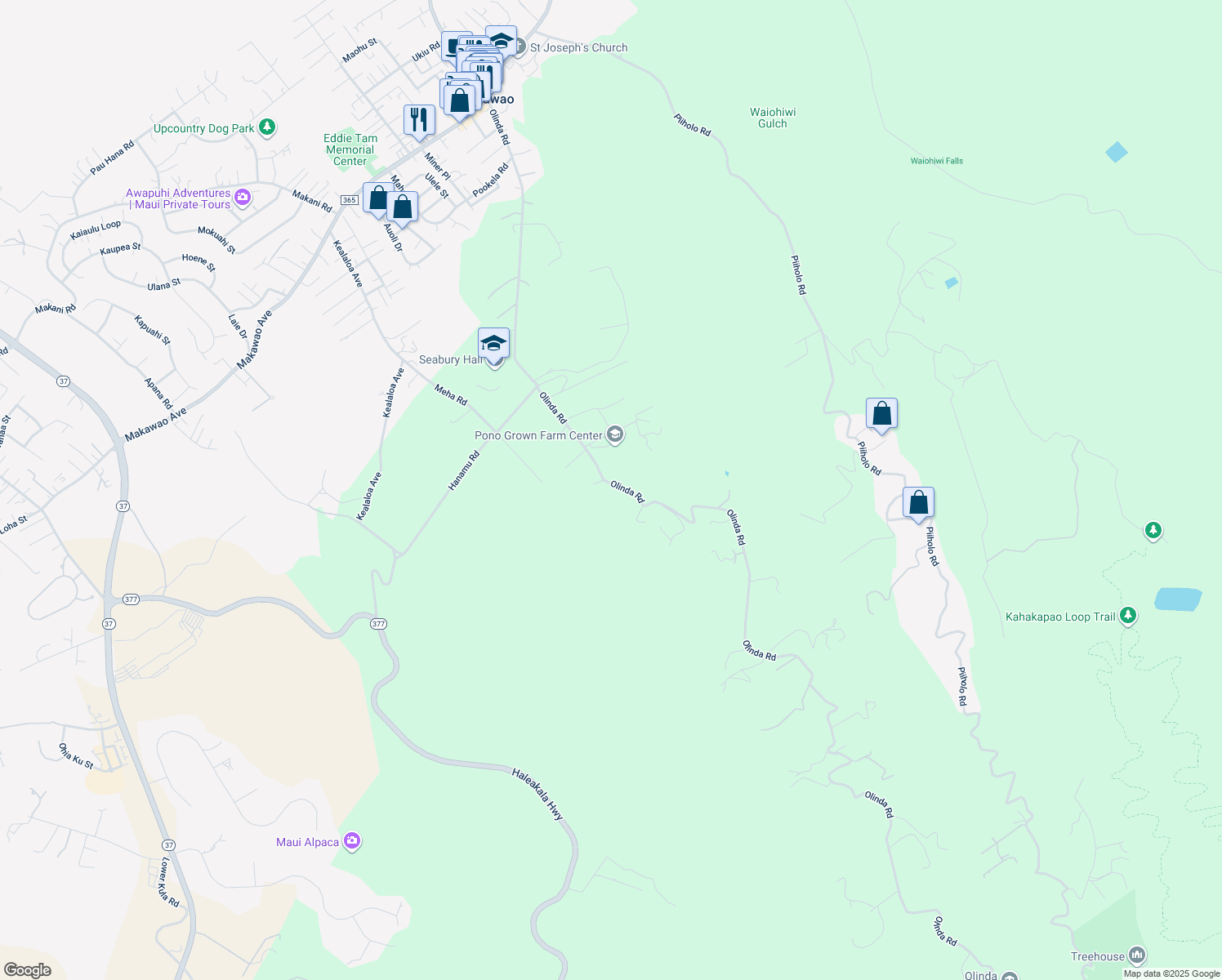 map of restaurants, bars, coffee shops, grocery stores, and more near 728 Olinda Road in Makawao