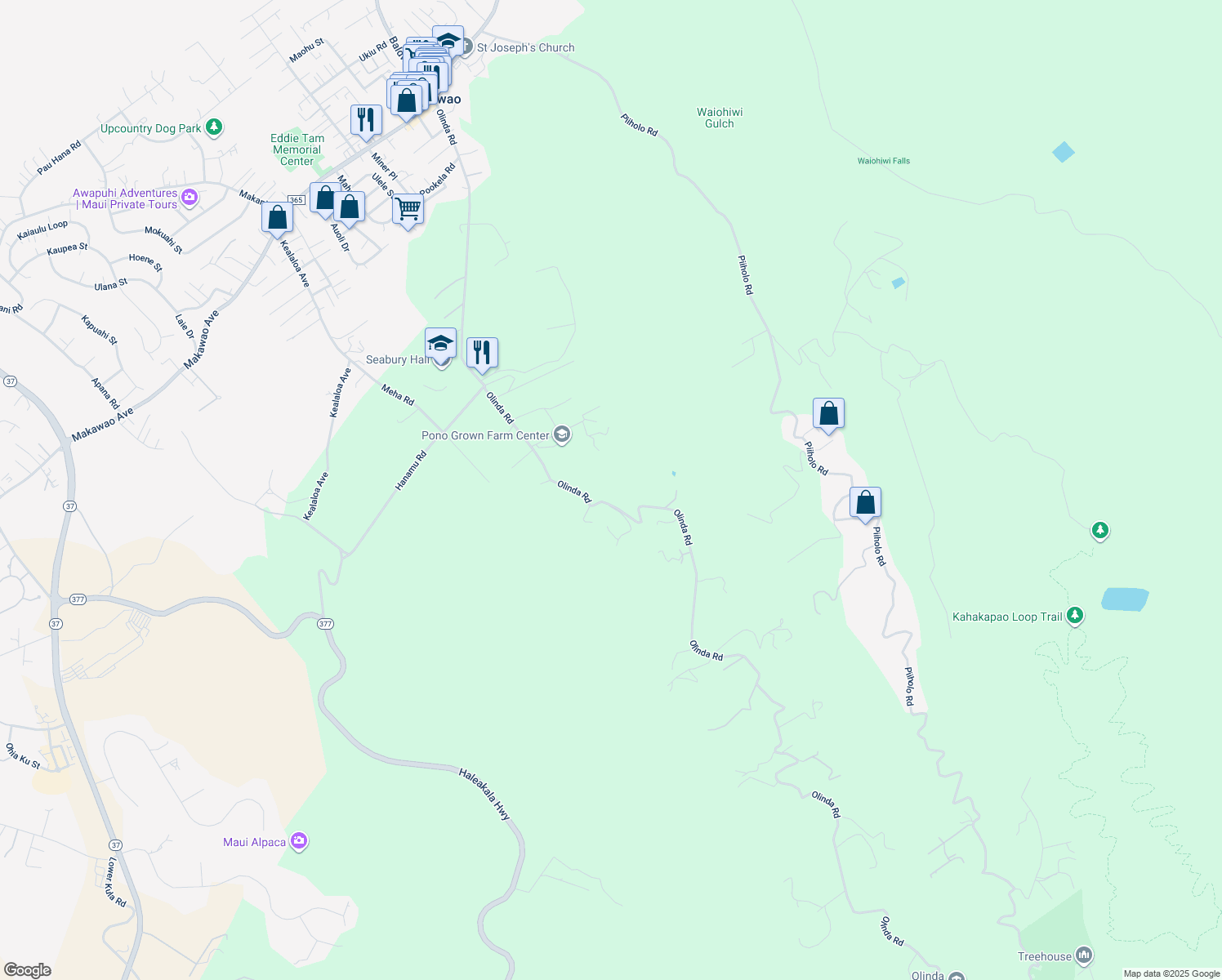 map of restaurants, bars, coffee shops, grocery stores, and more near 813 Olinda Road in Makawao