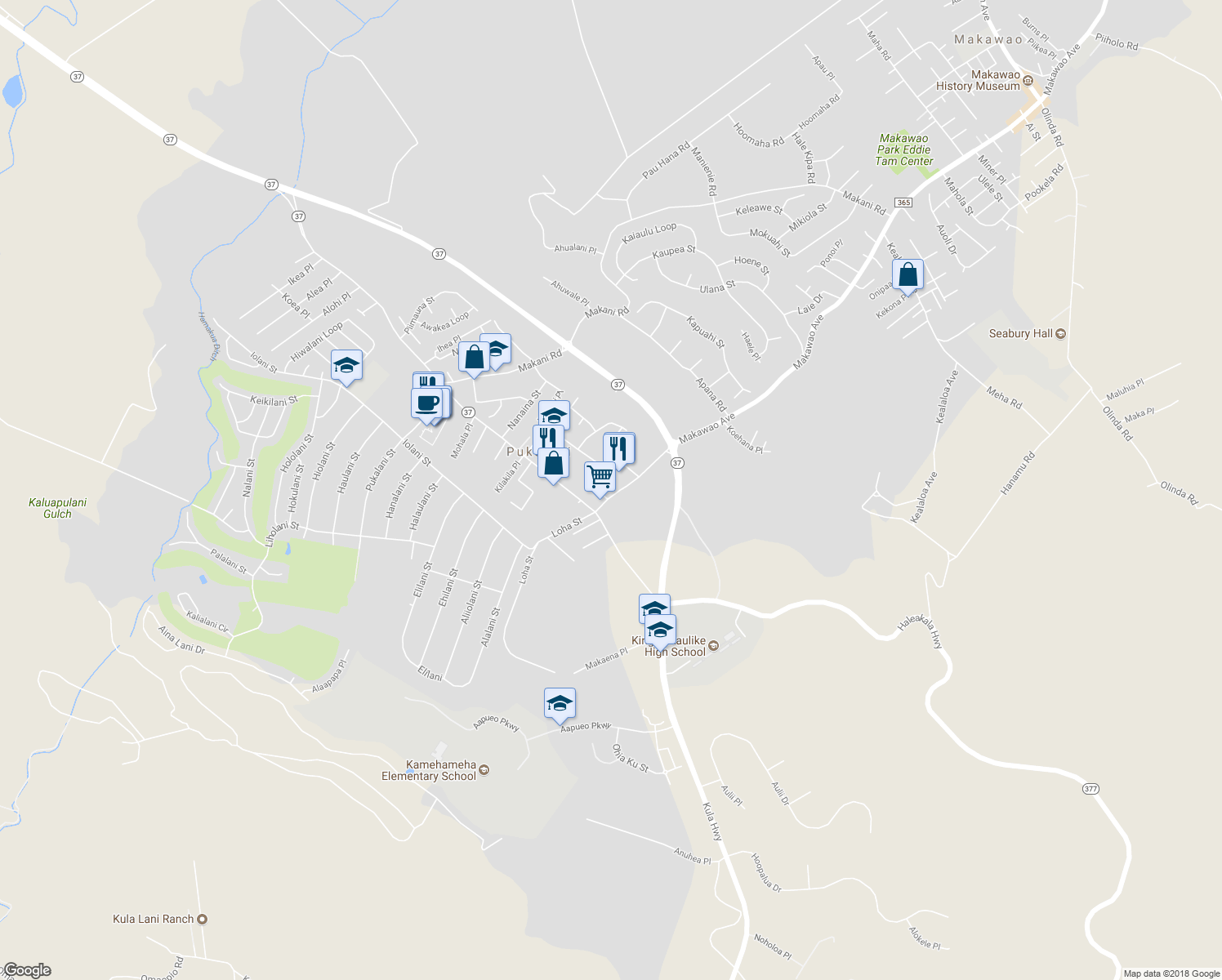 map of restaurants, bars, coffee shops, grocery stores, and more near 57 Makawao Avenue in Makawao