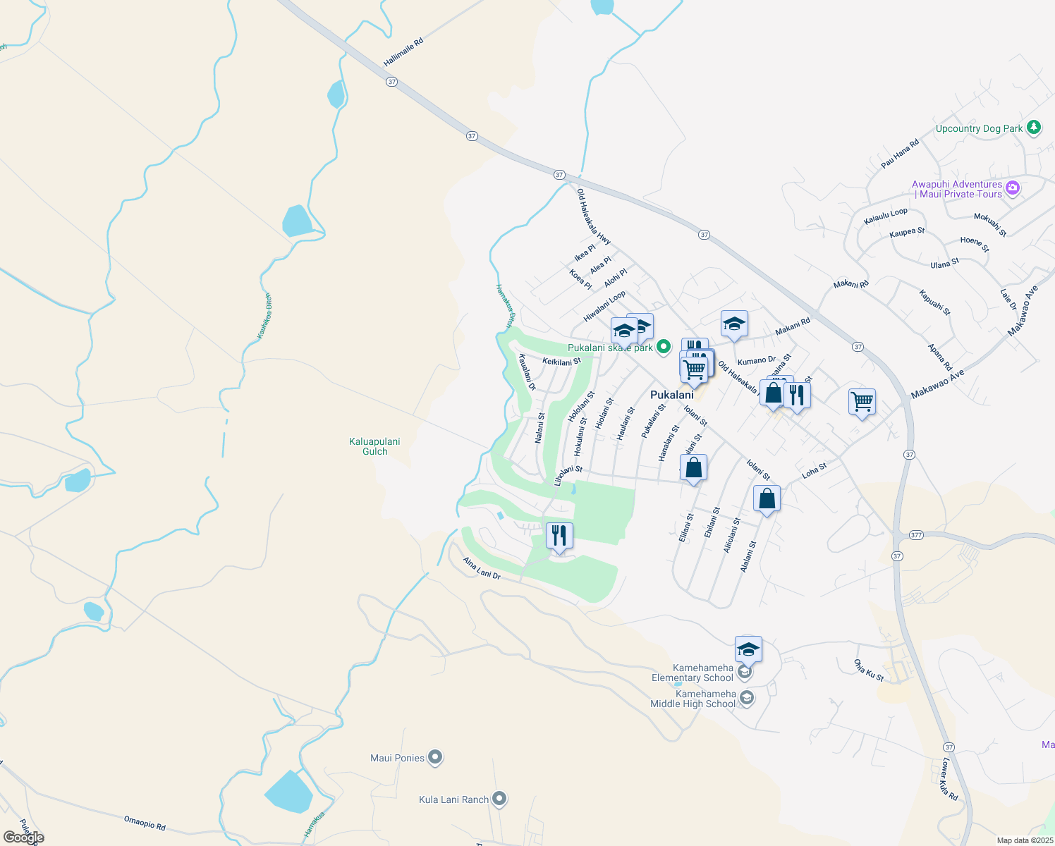 map of restaurants, bars, coffee shops, grocery stores, and more near 261 Liliuokalani Street in Makawao