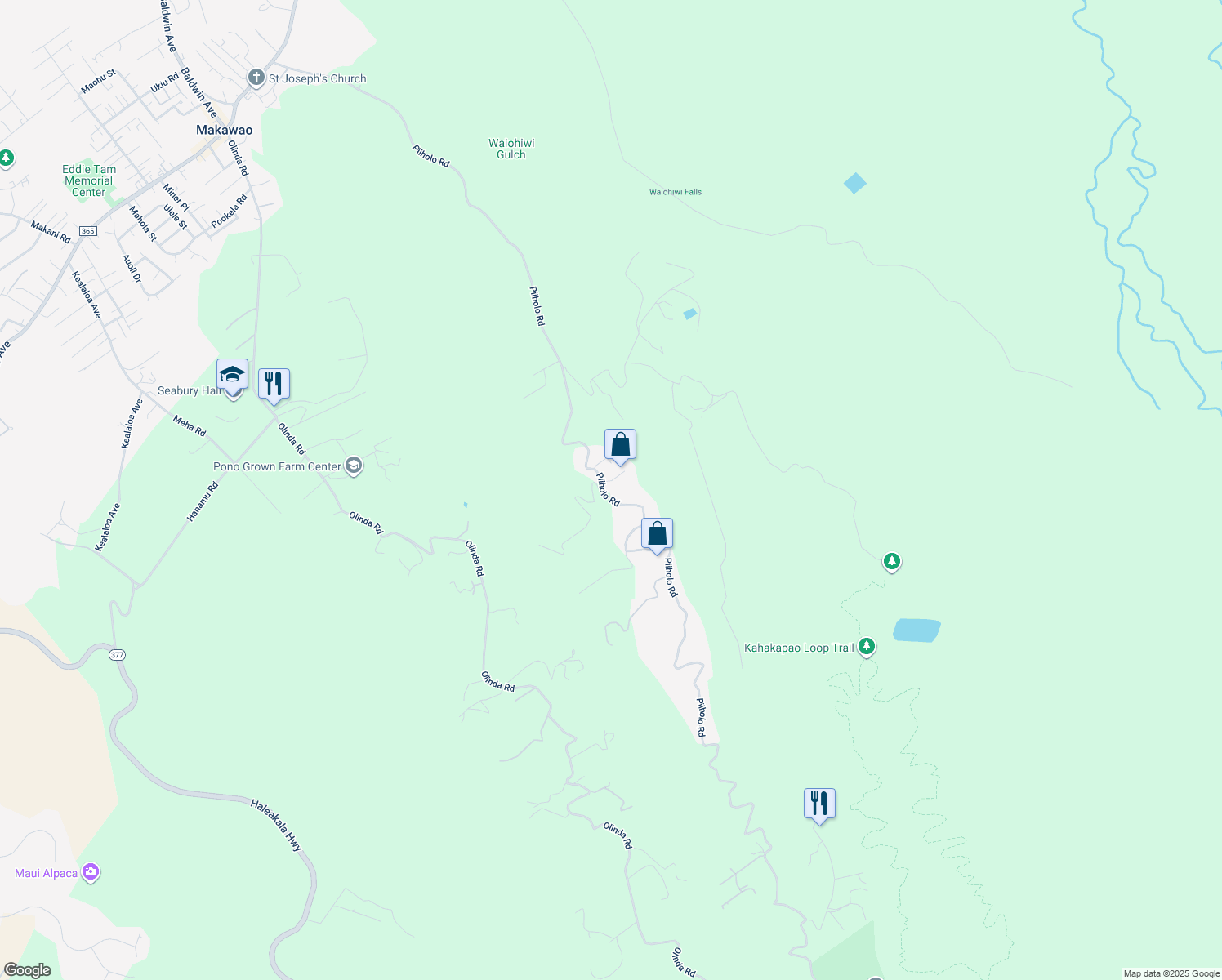 map of restaurants, bars, coffee shops, grocery stores, and more near 1025 Piiholo Road in Makawao