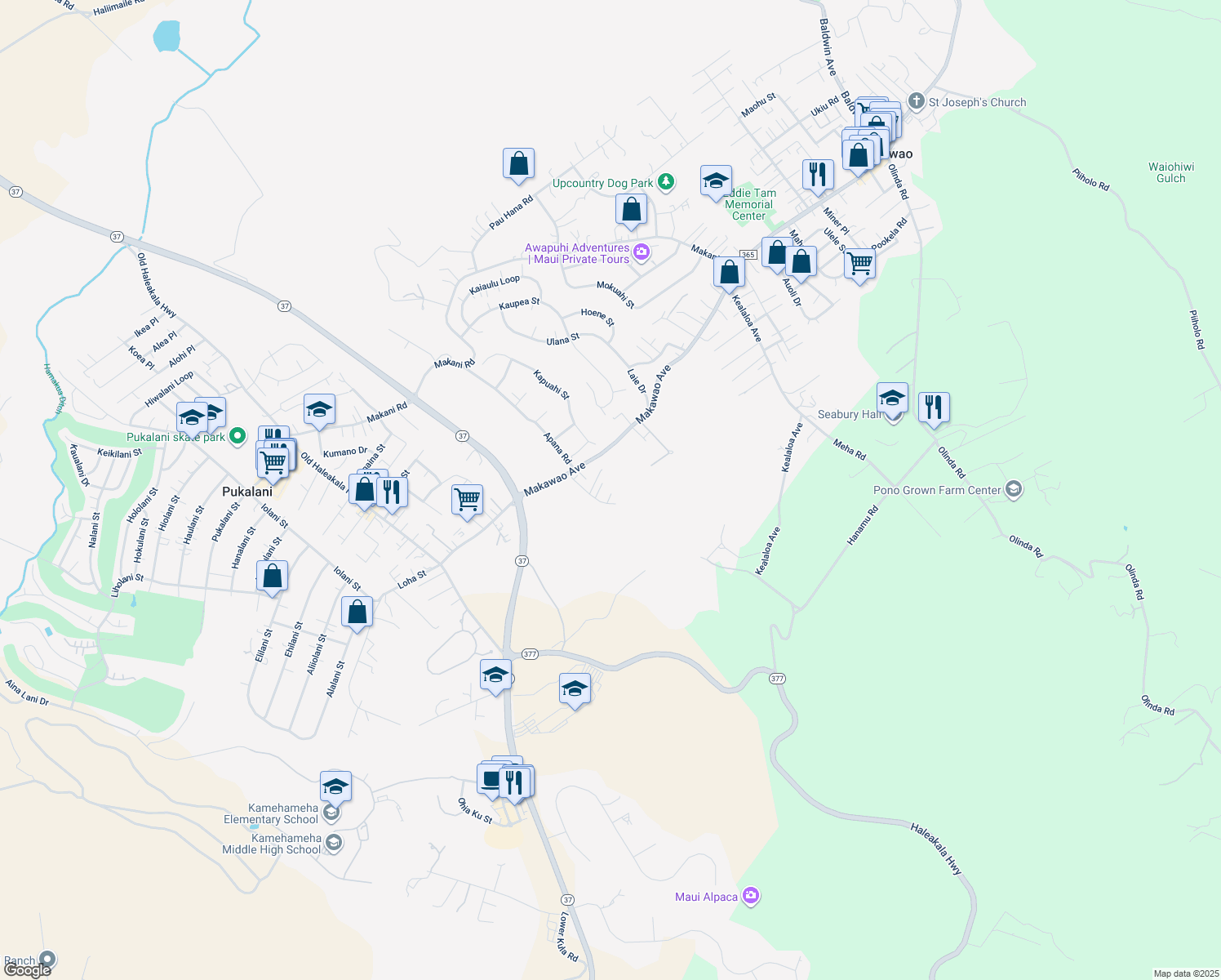 map of restaurants, bars, coffee shops, grocery stores, and more near 301 Olino Way in Makawao